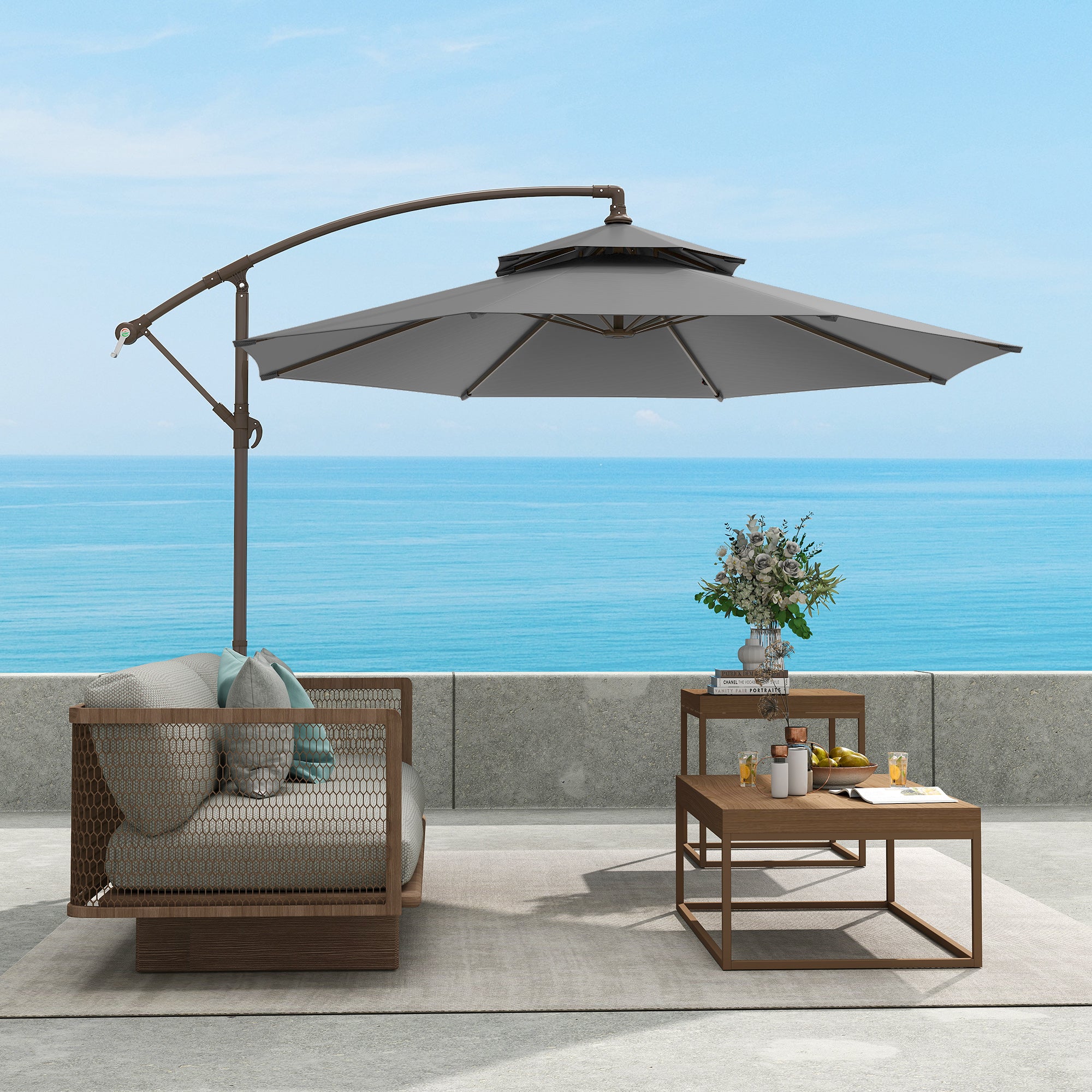 Cantilever Parasol Ø2.67 x 2.45 m Crank Umbrella with Double Roof Cross Base Steel Outdoor Sun Protection Polyester Steel Light Grey