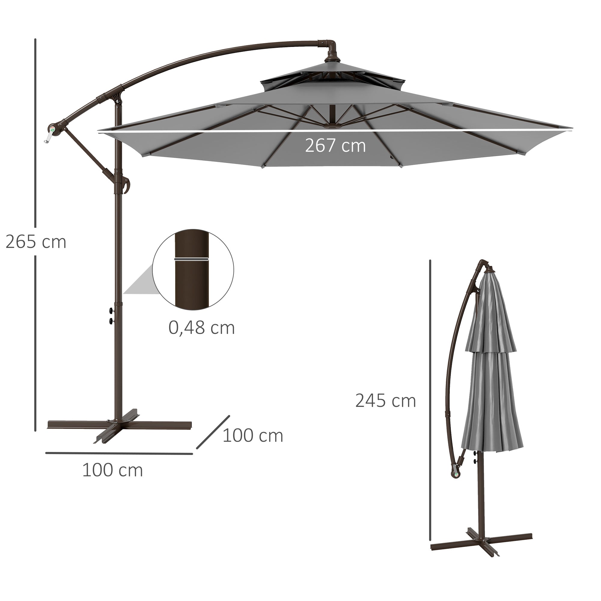 Cantilever Parasol Ø2.67 x 2.45 m Crank Umbrella with Double Roof Cross Base Steel Outdoor Sun Protection Polyester Steel Light Grey
