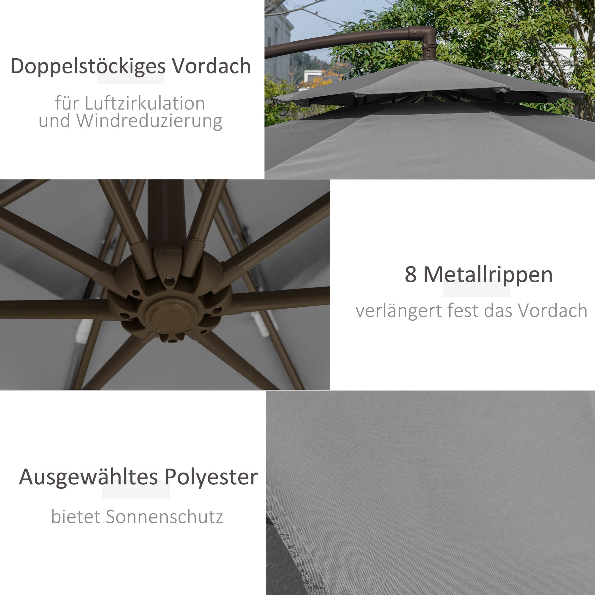 Cantilever Parasol Ø2.67 x 2.45 m Crank Umbrella with Double Roof Cross Base Steel Outdoor Sun Protection Polyester Steel Light Grey