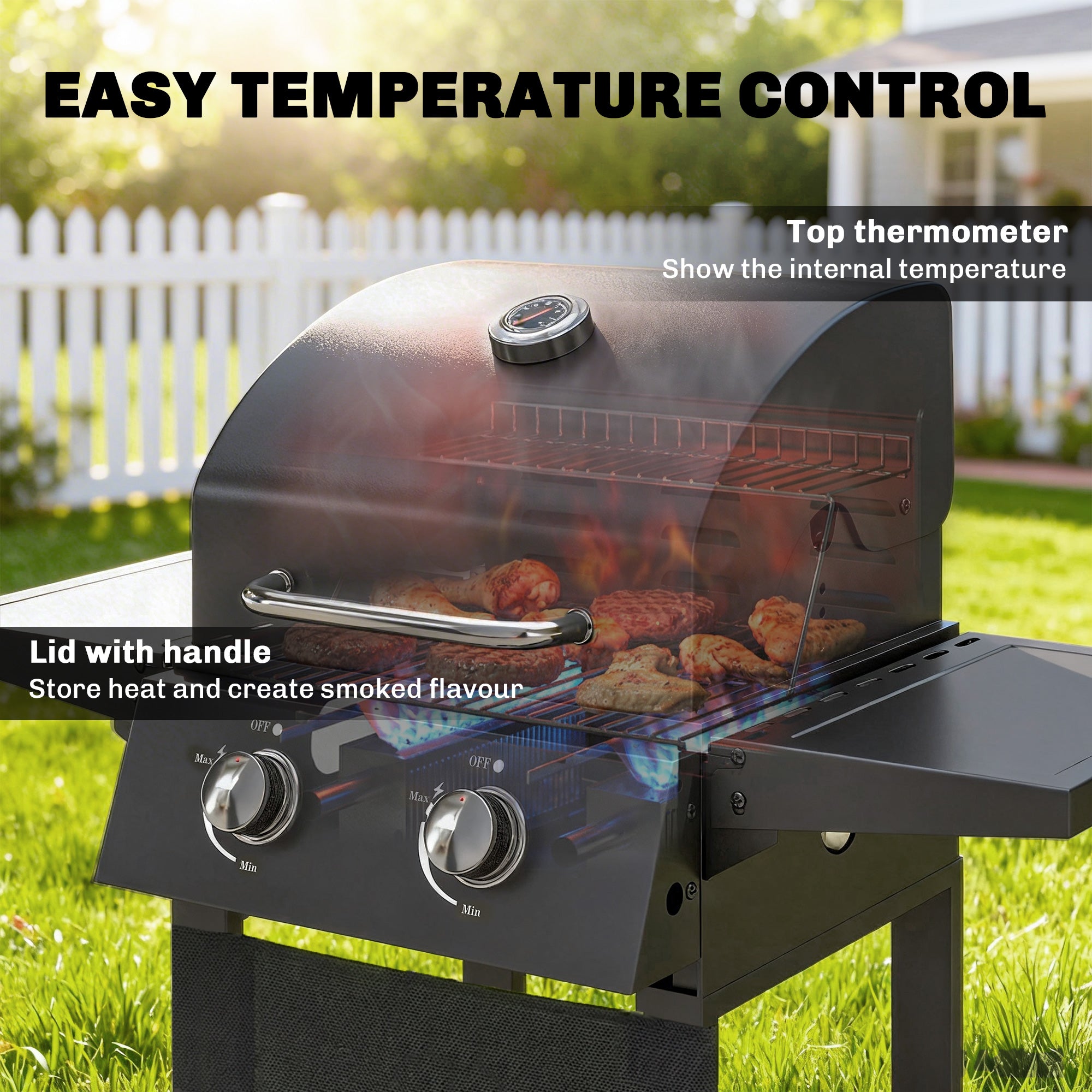 5.4 kW 2-Burner Propane Gas Grill Cart — Steel BBQ with Folding Side Shelves, Lid Thermometer, Chrome Cooking Grates, Warming Rack, Wheels & Storage Cabinet — Black