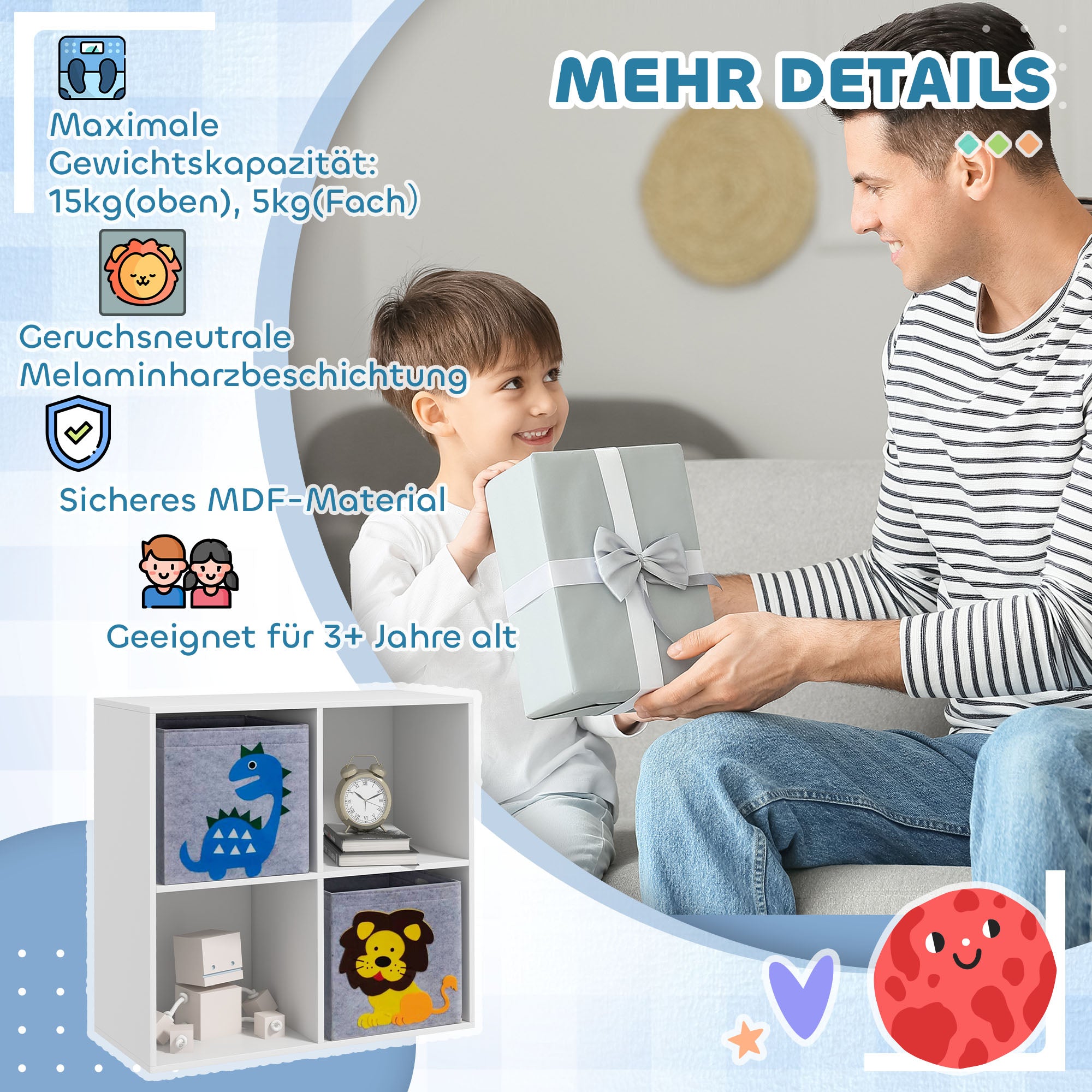 ZONEKIZ Children's Shelf Bookshelf with 2 Storage Boxes Children's Room Shelf Toy Shelf for Children's Room White+Grey 61.8 x 29.9 x 61.8 cm