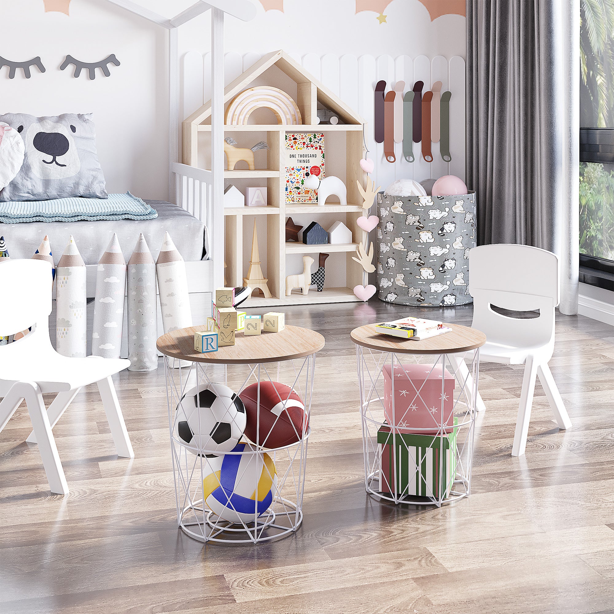 Round Coffee Table 2-Piece Set Stackable Living Room Table Side Table with Removable Lid Nesting Table Coffee Table with Metal Frame for Living Room Natural+White