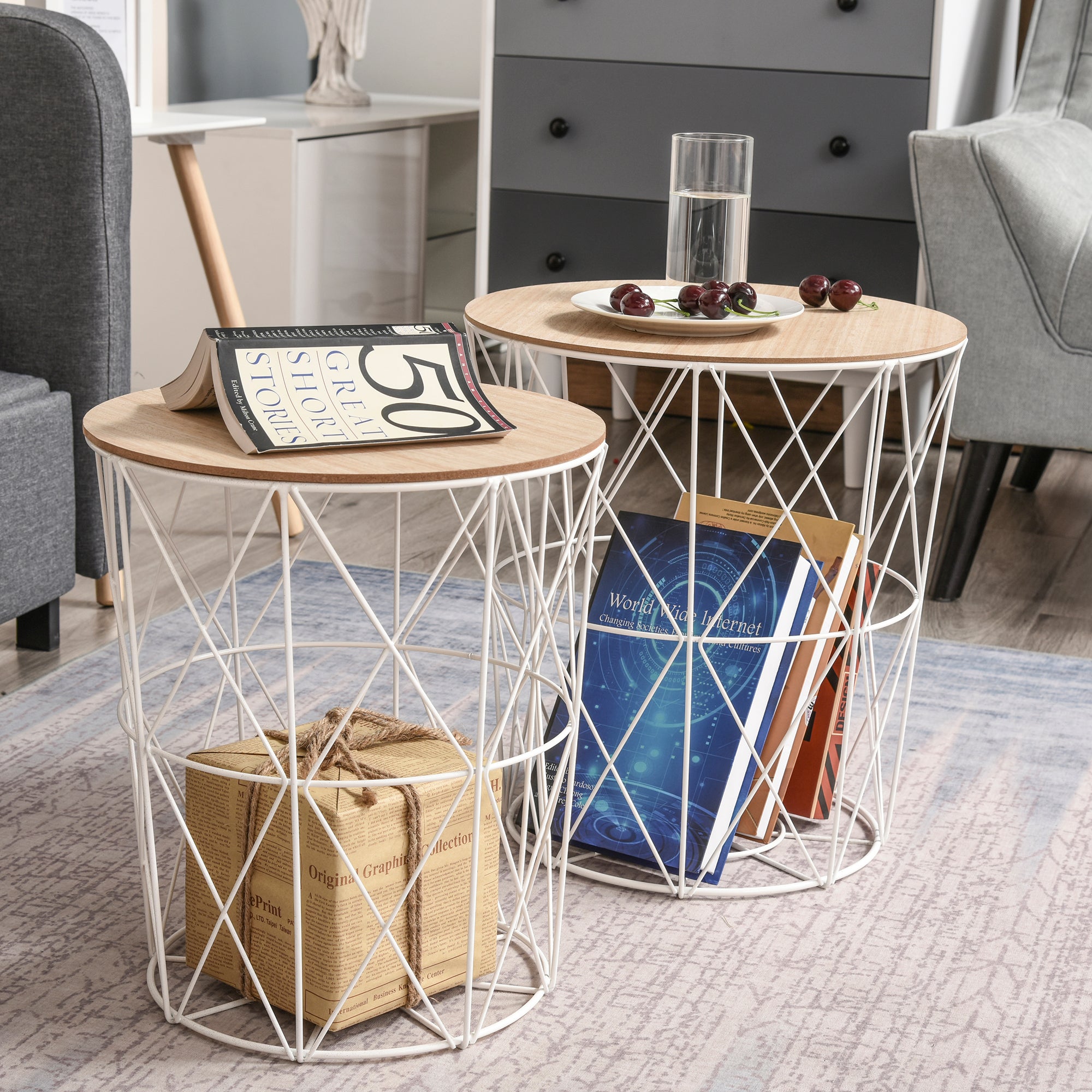 Round Coffee Table 2-Piece Set Stackable Living Room Table Side Table with Removable Lid Nesting Table Coffee Table with Metal Frame for Living Room Natural+White