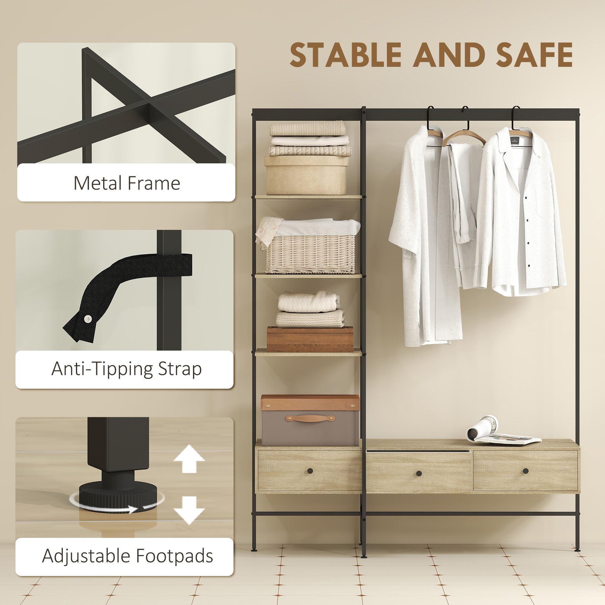 4-in-1 Freestanding Coat Rack with Shelves, Drawers & Hanging Rod — Oak Finish, Metal Frame, Anti-Tip (70.9" H)
