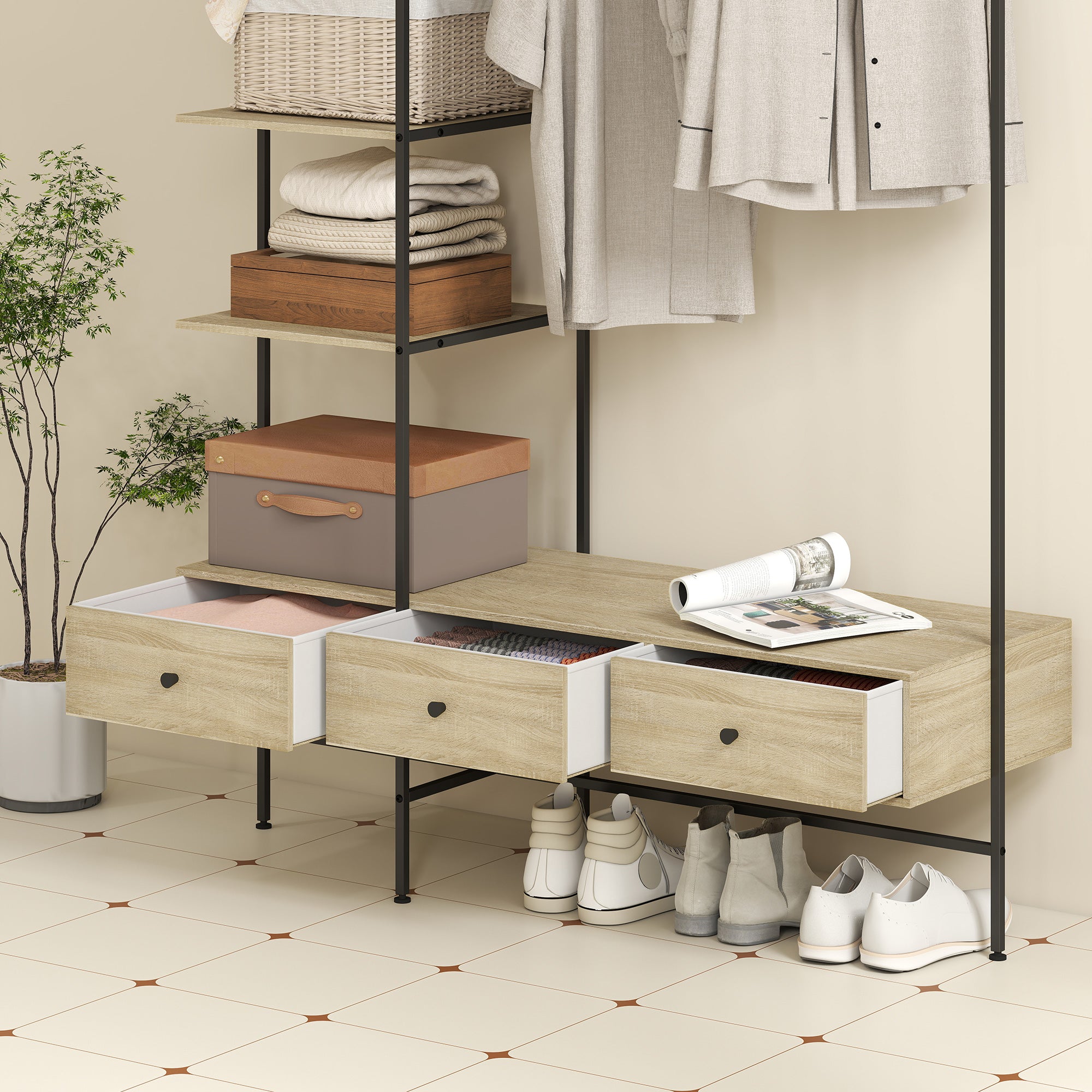 4-in-1 Freestanding Coat Rack with Shelves, Drawers & Hanging Rod — Oak Finish, Metal Frame, Anti-Tip (70.9" H)