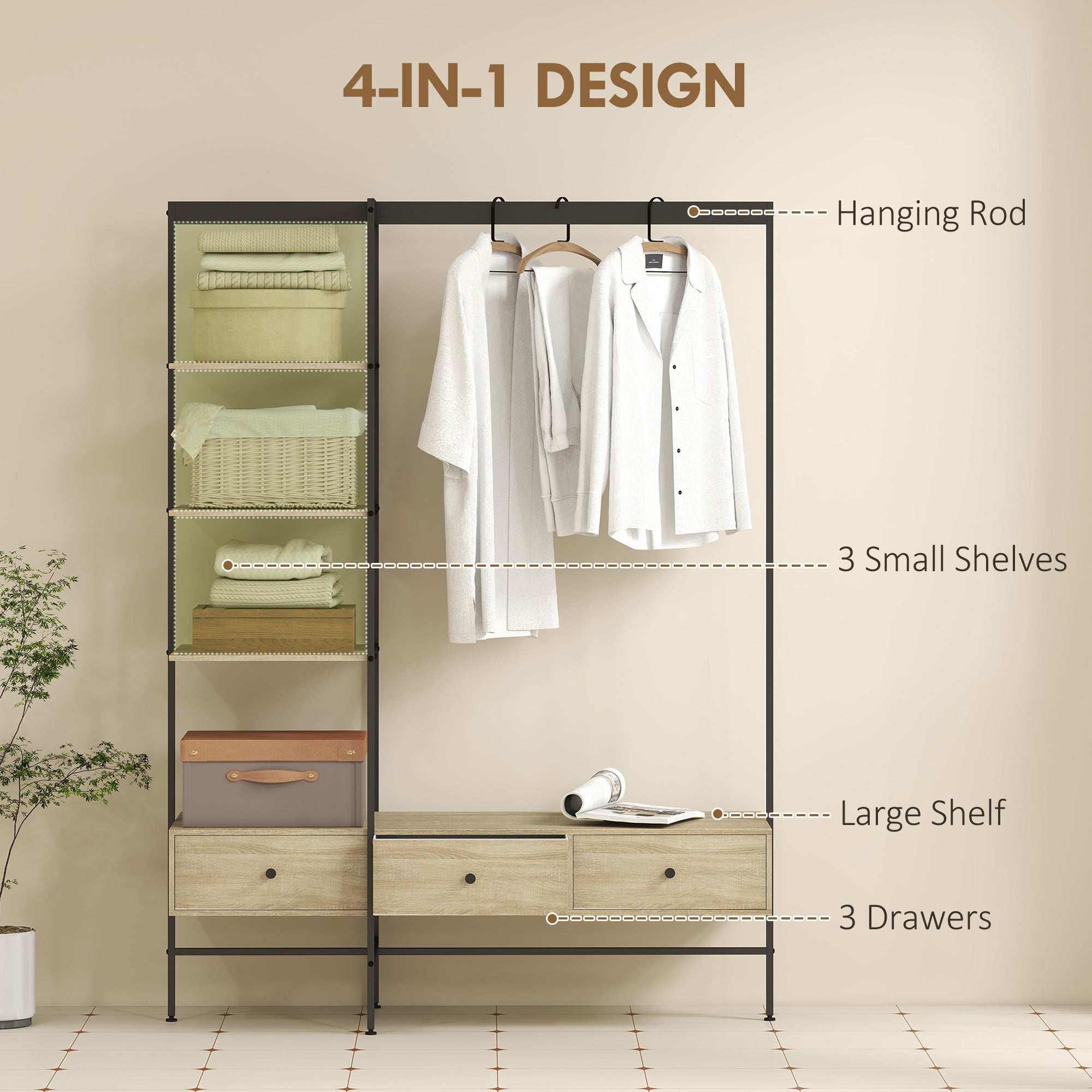 4-in-1 Freestanding Coat Rack with Shelves, Drawers & Hanging Rod — Oak Finish, Metal Frame, Anti-Tip (70.9" H)