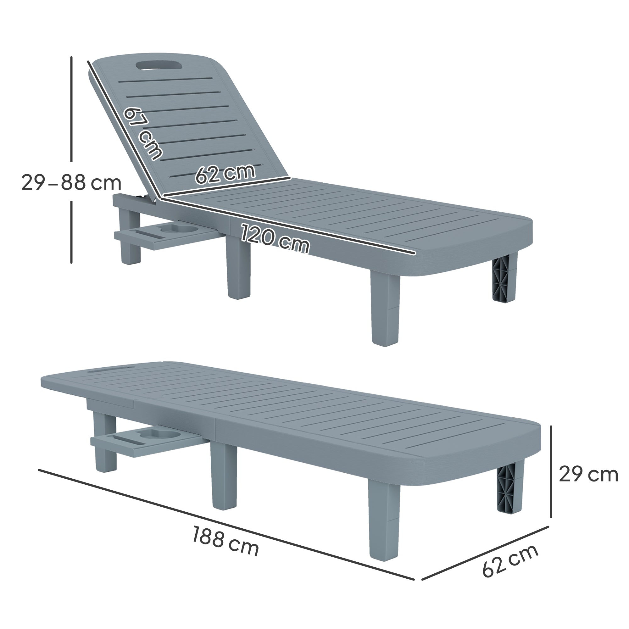 Set of 2 Sun Loungers, Lounger with Retractable Trays, Reclining Outdoor Garden Lounger, Wood Effect Surface for Beach Relaxation Camping Pool Terrace, 62 x 158 x 88 cm, Dark Gray