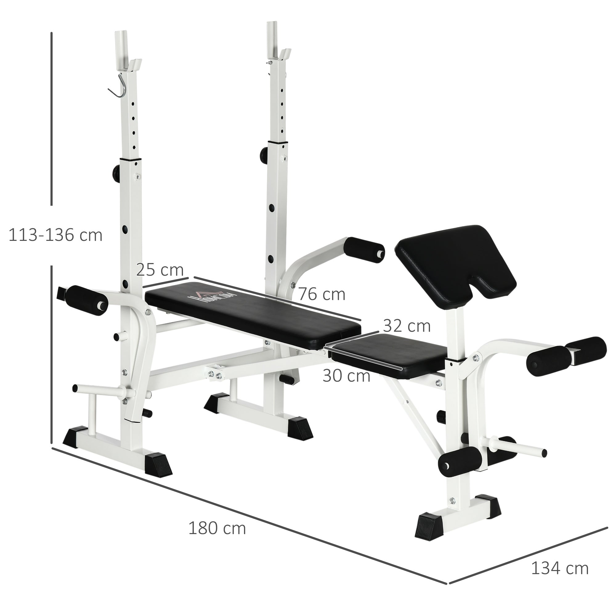 Adjustable Weight Bench, Multifunctional Training Bench with Barbell Rack, Chest Press, Leg Press, Armrest for Weight Training, Steel, Black+White