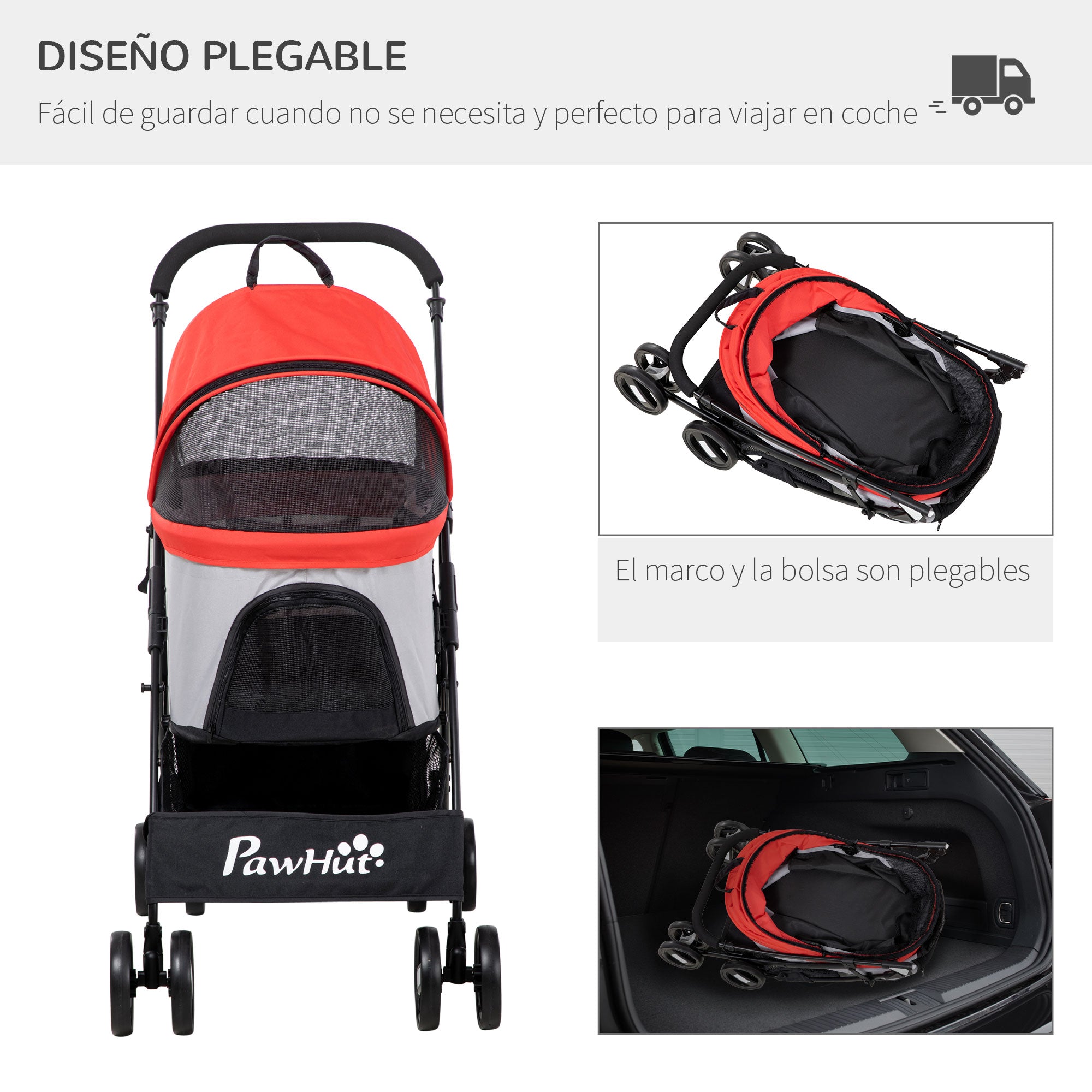 Folding 3-in-1 Pet Stroller for Small Dogs with Detachable Wagon, Storage Basket, Safety Straps, and Cushion Load 15 kg Red