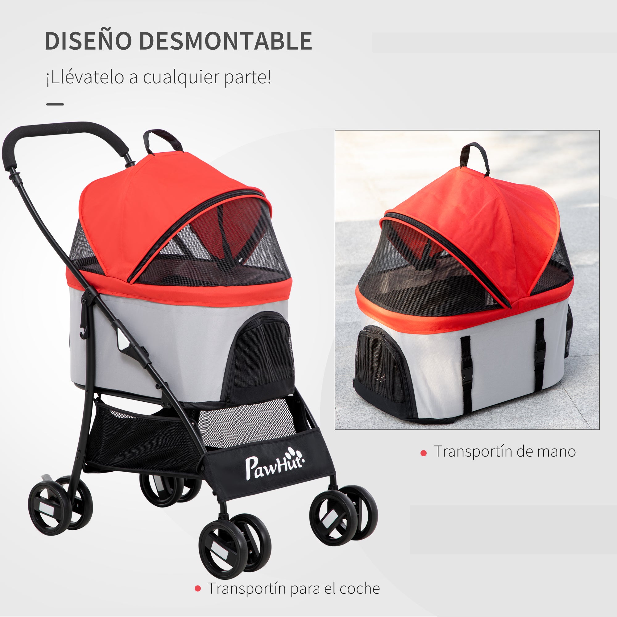 Folding 3-in-1 Pet Stroller for Small Dogs with Detachable Wagon, Storage Basket, Safety Straps, and Cushion Load 15 kg Red