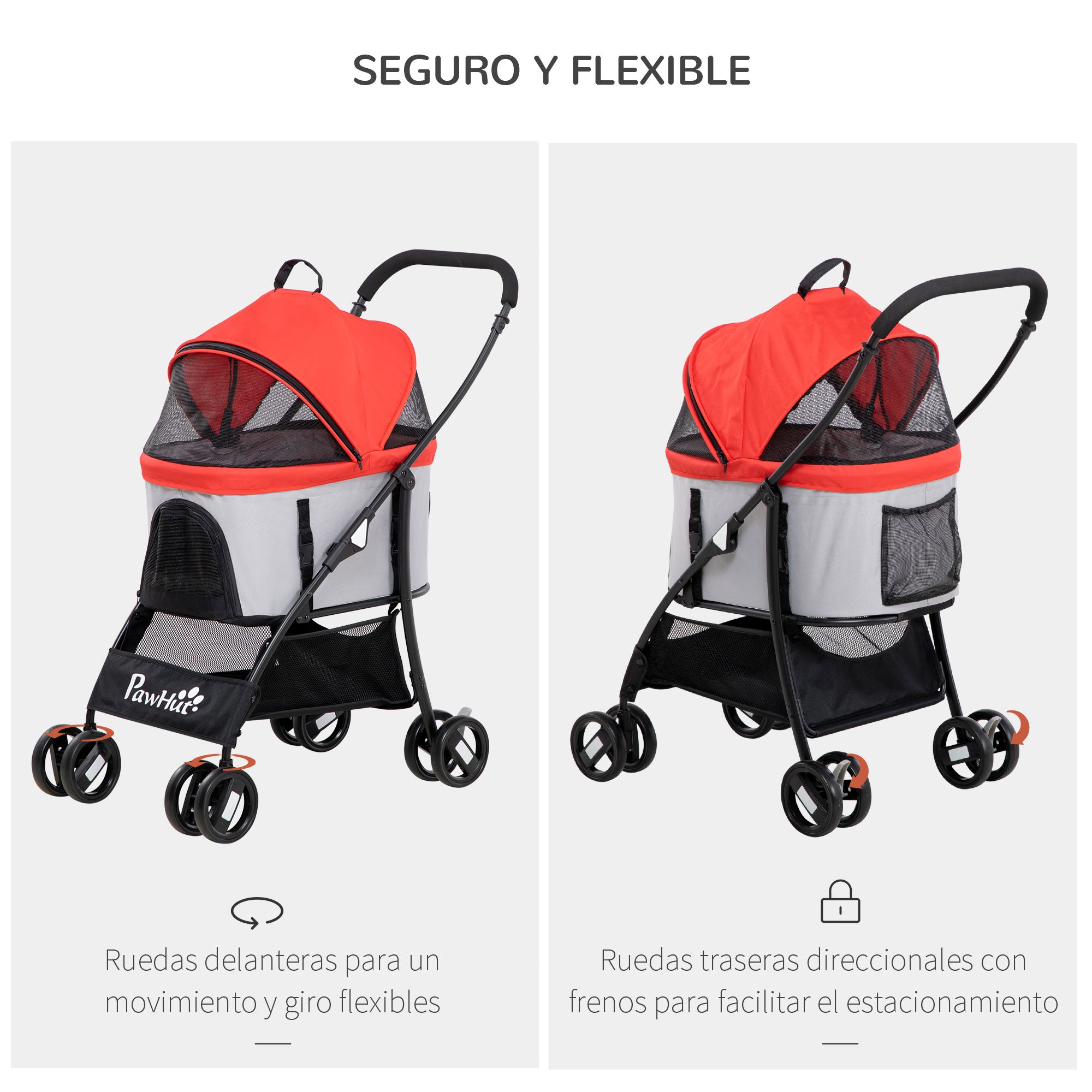 Folding 3-in-1 Pet Stroller for Small Dogs with Detachable Wagon, Storage Basket, Safety Straps, and Cushion Load 15 kg Red