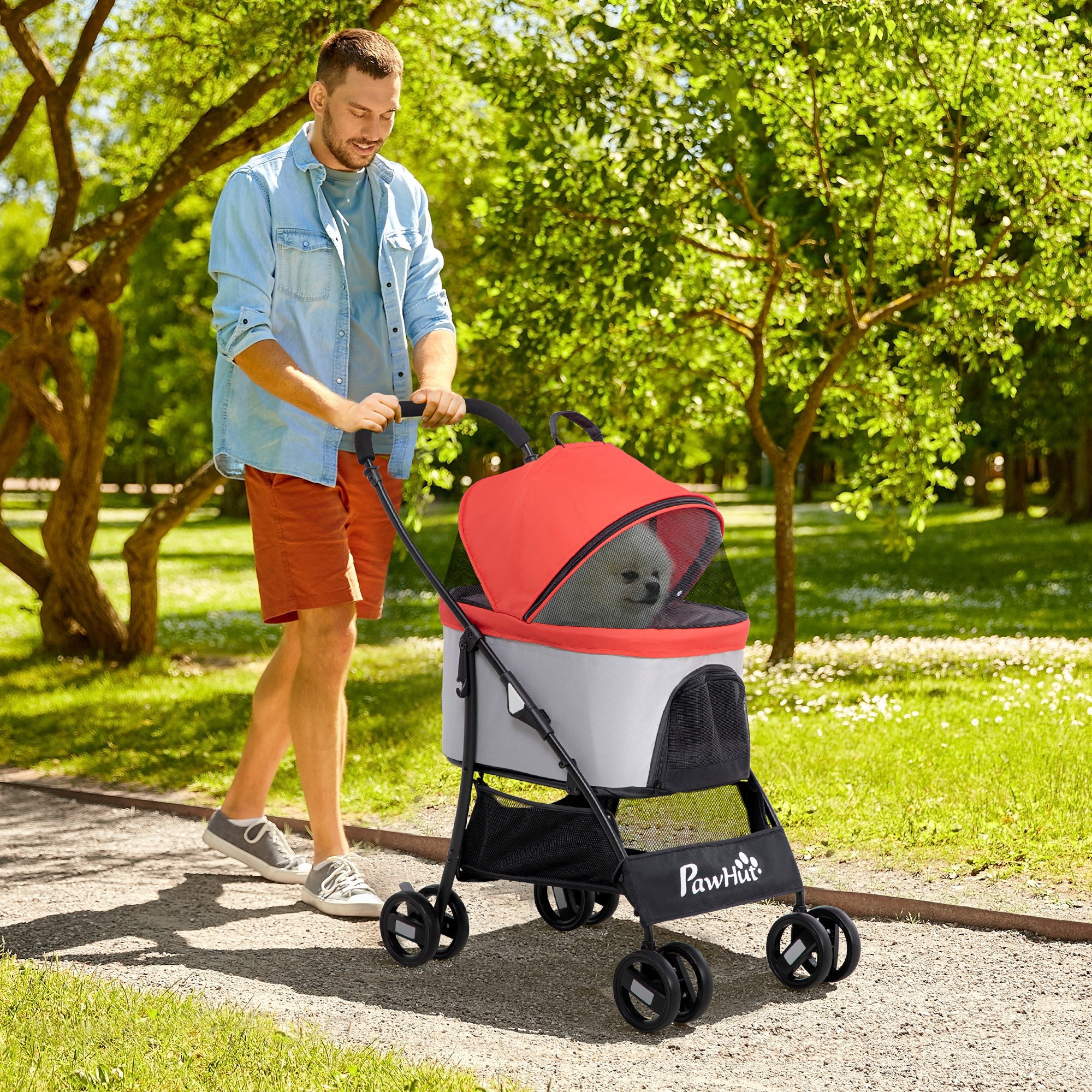 Folding 3-in-1 Pet Stroller for Small Dogs with Detachable Wagon, Storage Basket, Safety Straps, and Cushion Load 15 kg Red