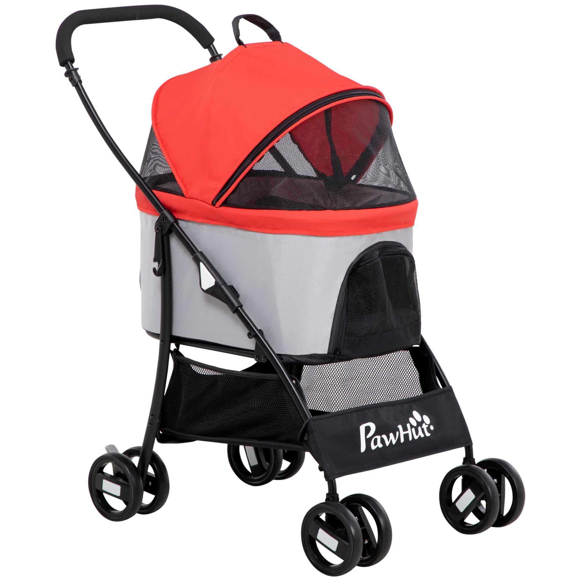 Folding 3-in-1 Pet Stroller for Small Dogs with Detachable Wagon, Storage Basket, Safety Straps, and Cushion Load 15 kg Red