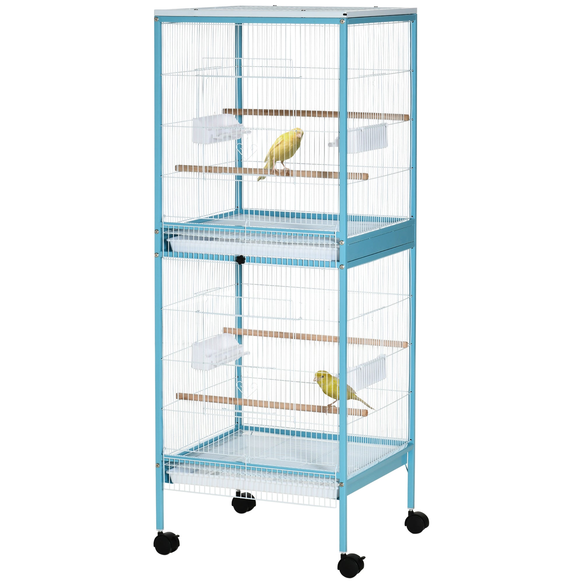 Bird Cage with Wheels Large 2-Level Aviary with Removable Trays Doors Feeders Perches for Canaries Budgies 51.5x50x140 cm Blue