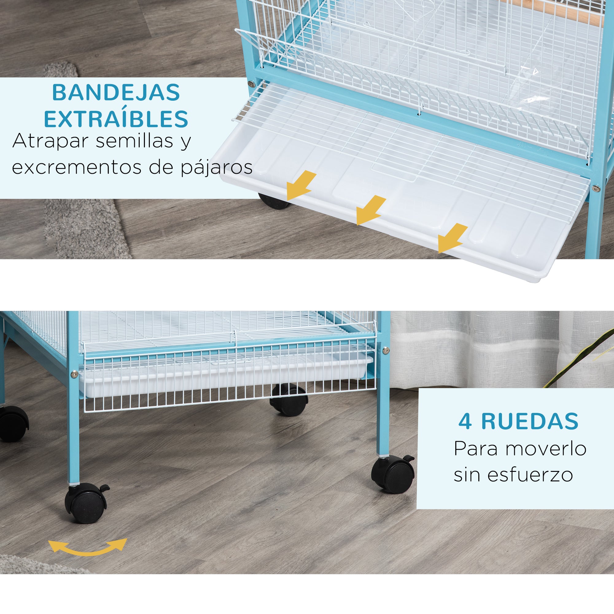 Bird Cage with Wheels Large 2-Level Aviary with Removable Trays Doors Feeders Perches for Canaries Budgies 51.5x50x140 cm Blue