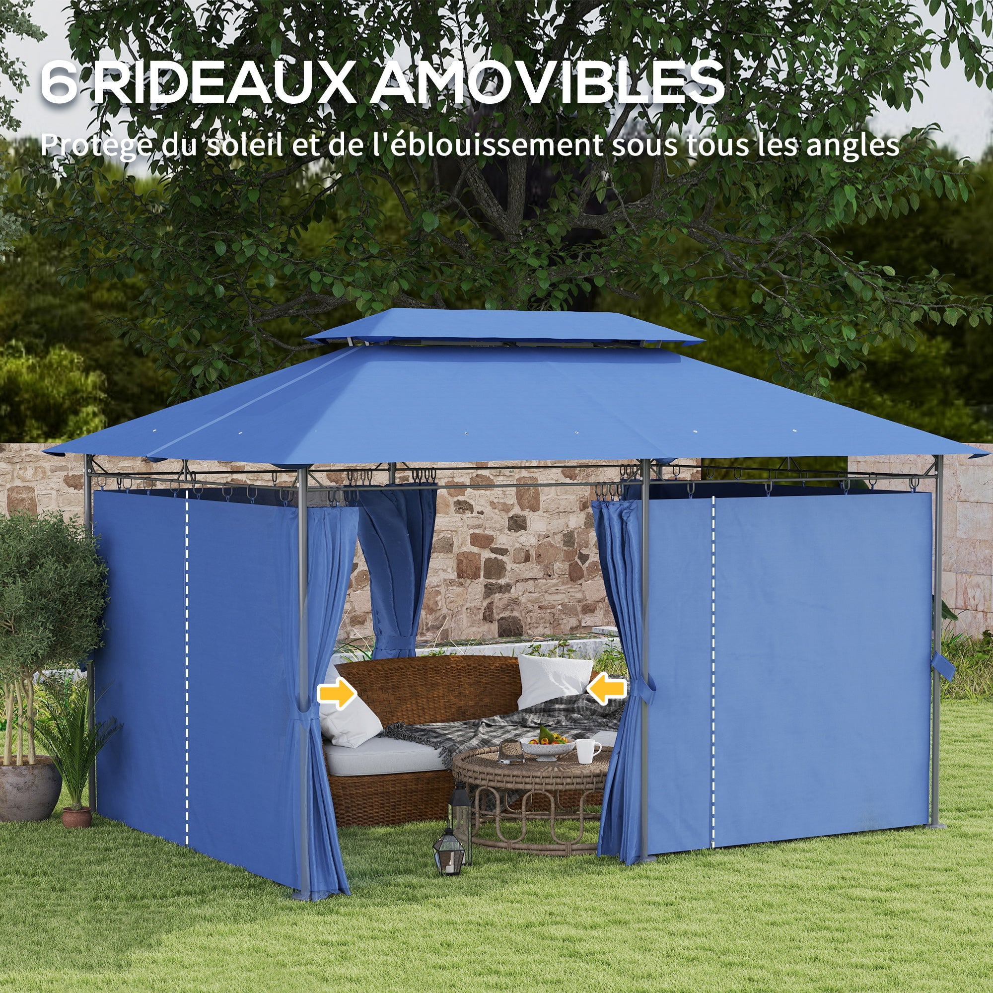 Garden Gazebo 3 x 4 m Reception Tent with 6 Removable Curtains Outdoor Pavilion with Double Roof for Patio, Terrace, Festival, Dark Blue