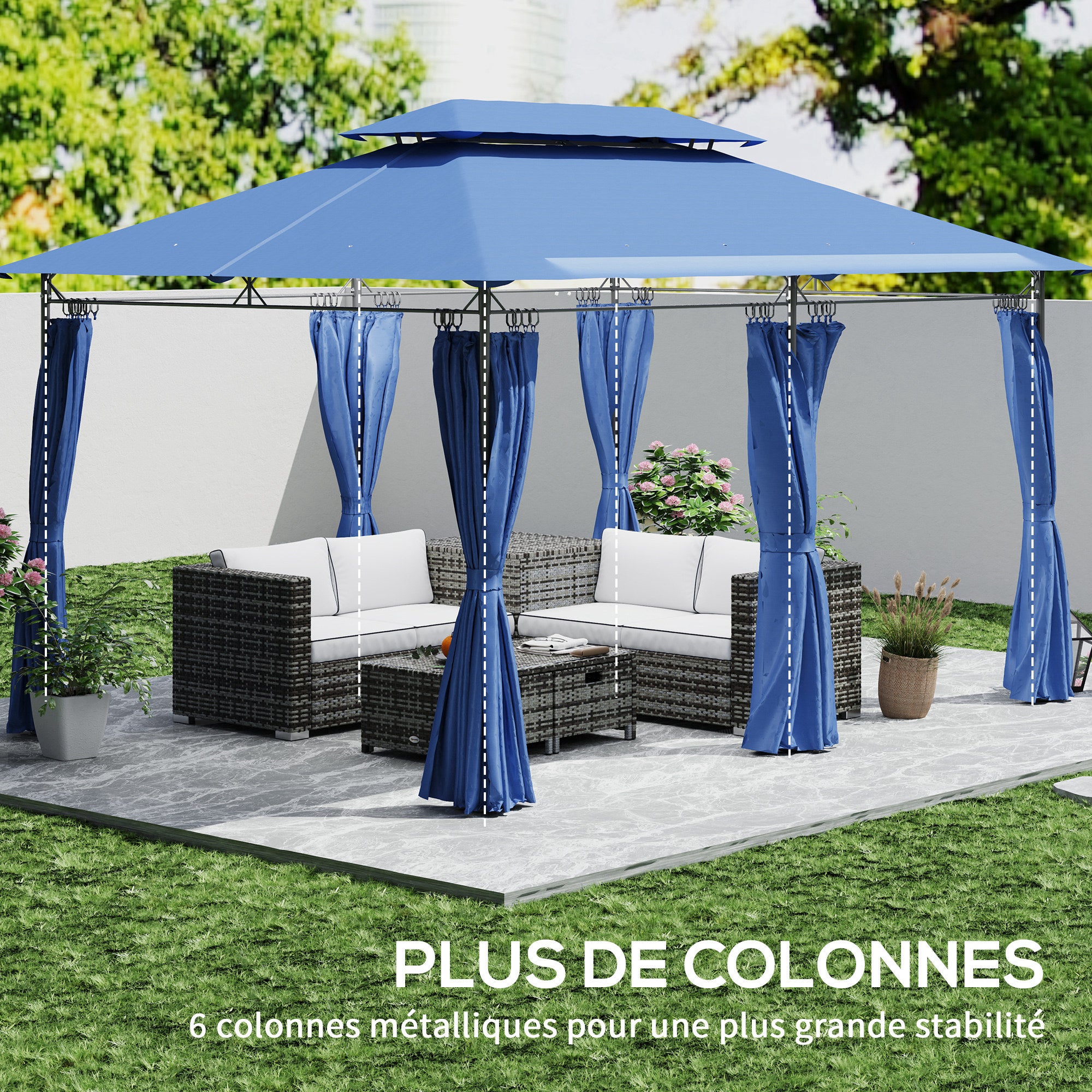 Garden Gazebo 3 x 4 m Reception Tent with 6 Removable Curtains Outdoor Pavilion with Double Roof for Patio, Terrace, Festival, Dark Blue