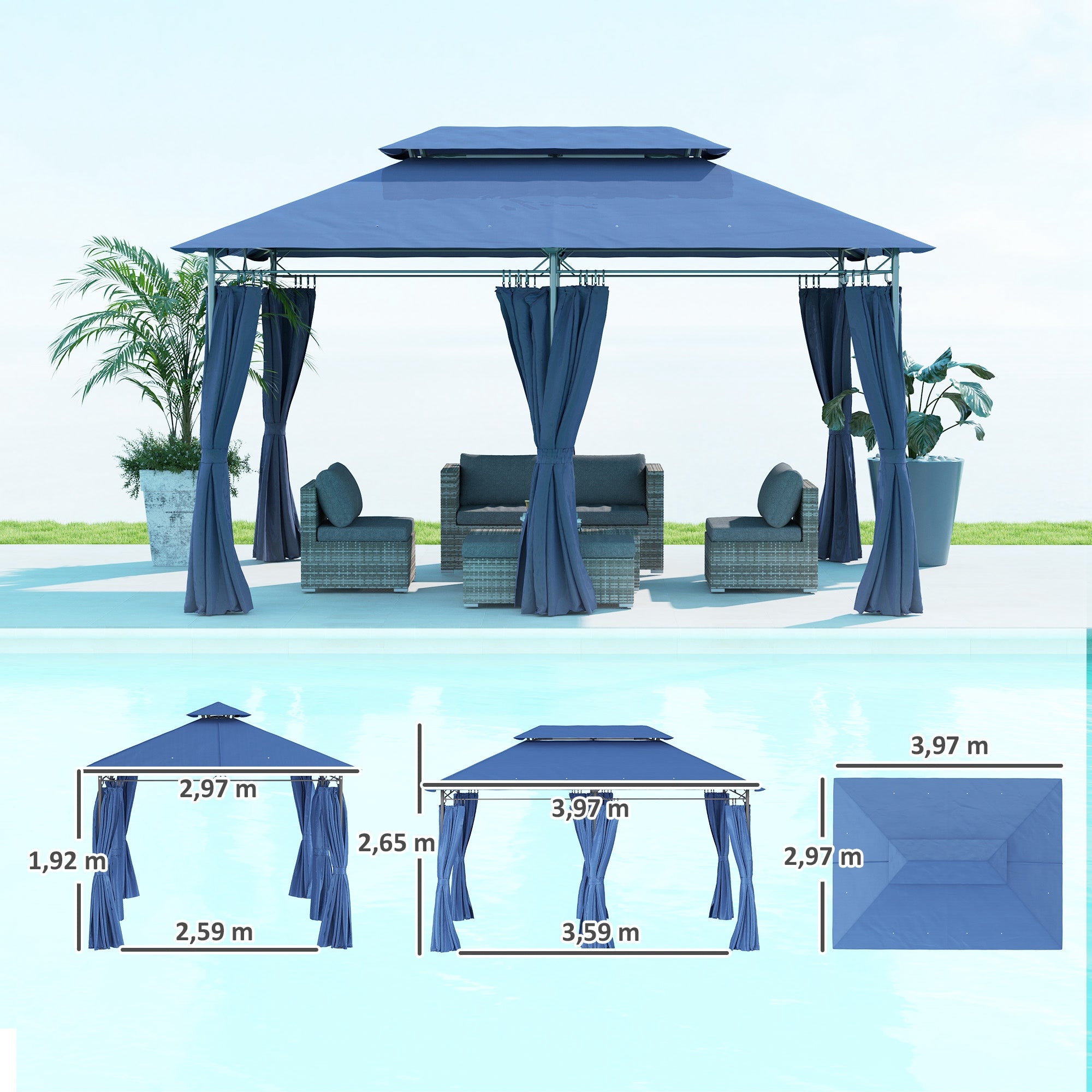 Garden Gazebo 3 x 4 m Reception Tent with 6 Removable Curtains Outdoor Pavilion with Double Roof for Patio, Terrace, Festival, Dark Blue