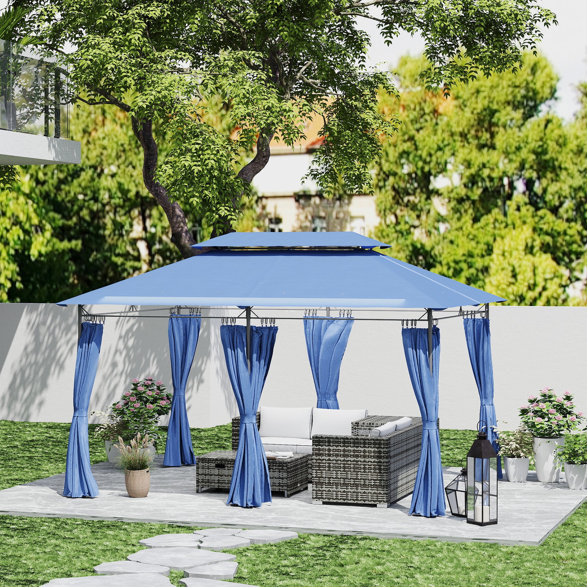 Garden Gazebo 3 x 4 m Reception Tent with 6 Removable Curtains Outdoor Pavilion with Double Roof for Patio, Terrace, Festival, Dark Blue