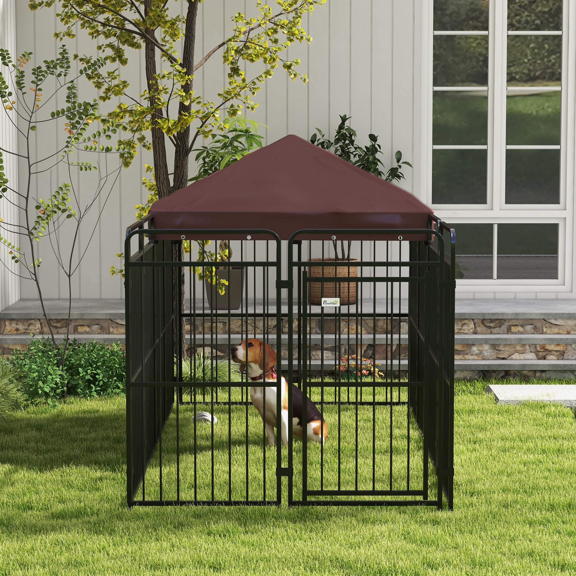 Outdoor Dog Kennel, Waterproof Anti-UV Roof Dog Enclosure for Large Dogs, Metal Cage, 282x141x160.5cm, Brown