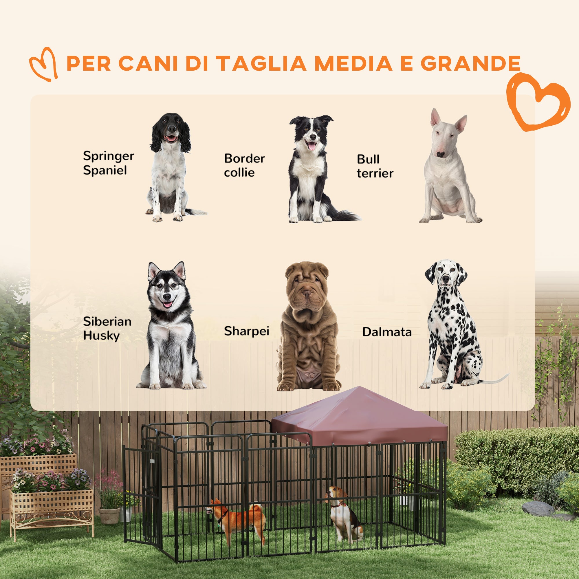 Outdoor Dog Kennel, Waterproof Anti-UV Roof Dog Enclosure for Large Dogs, Metal Cage, 282x141x160.5cm, Brown
