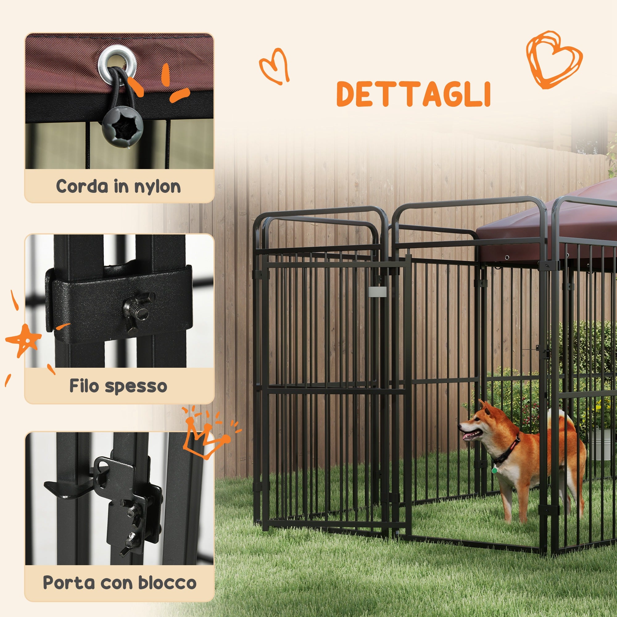 Outdoor Dog Kennel, Waterproof Anti-UV Roof Dog Enclosure for Large Dogs, Metal Cage, 282x141x160.5cm, Brown