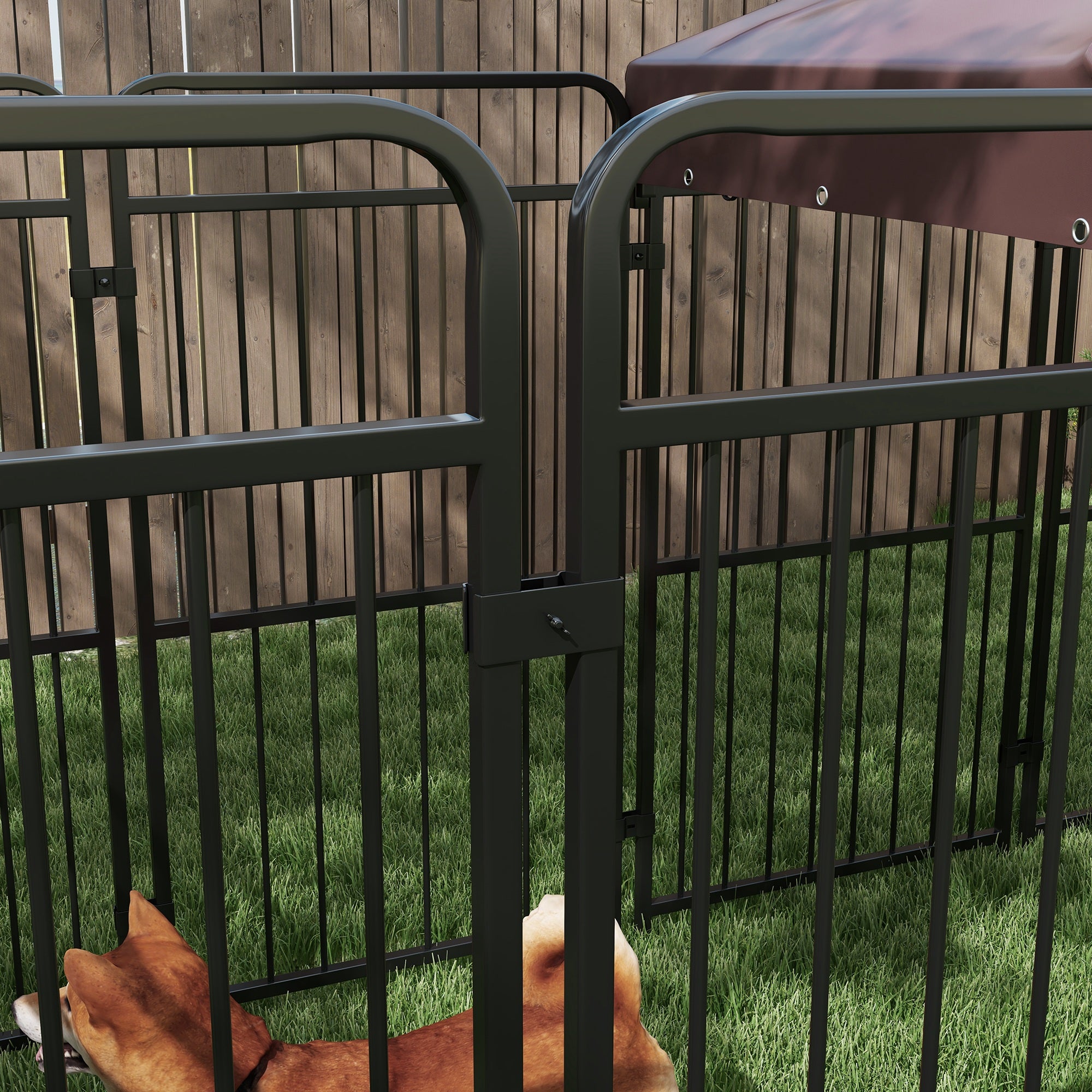 Outdoor Dog Kennel, Waterproof Anti-UV Roof Dog Enclosure for Large Dogs, Metal Cage, 282x141x160.5cm, Brown