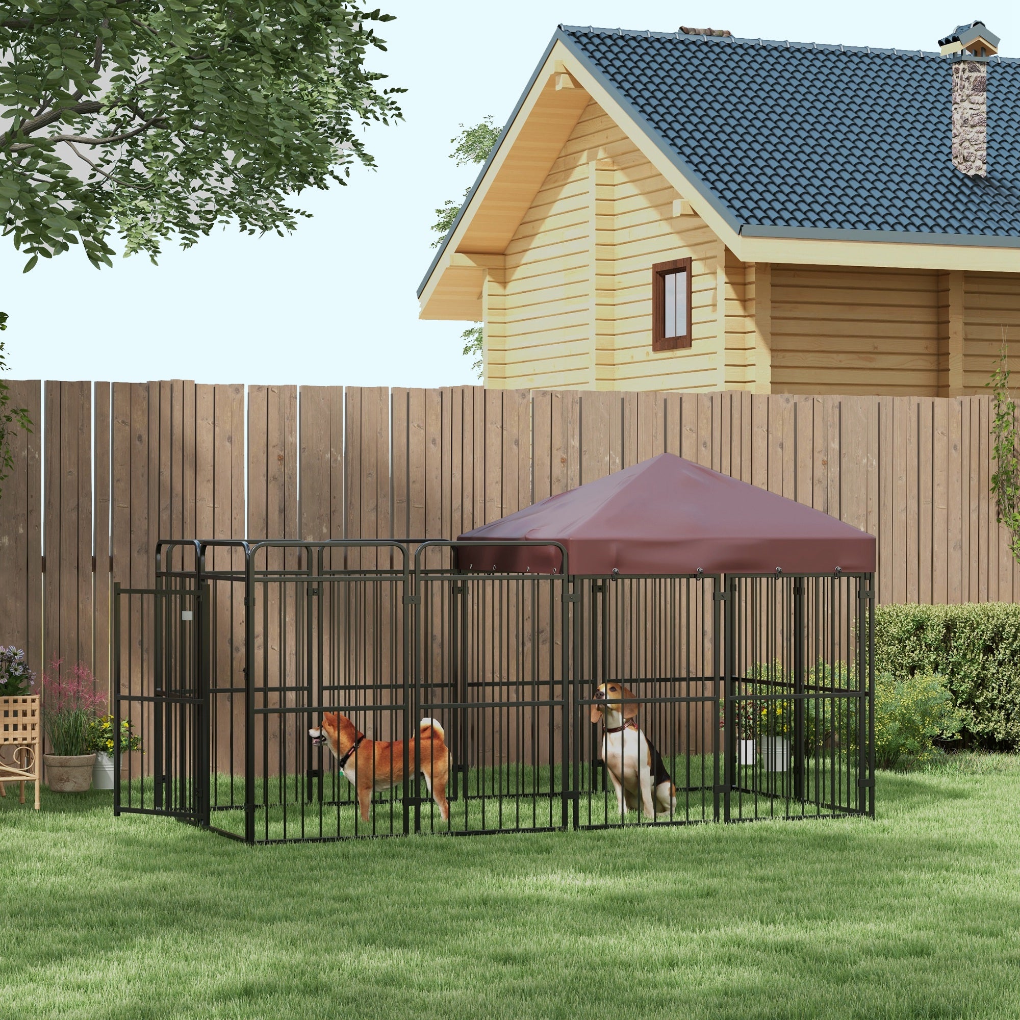 Outdoor Dog Kennel, Waterproof Anti-UV Roof Dog Enclosure for Large Dogs, Metal Cage, 282x141x160.5cm, Brown