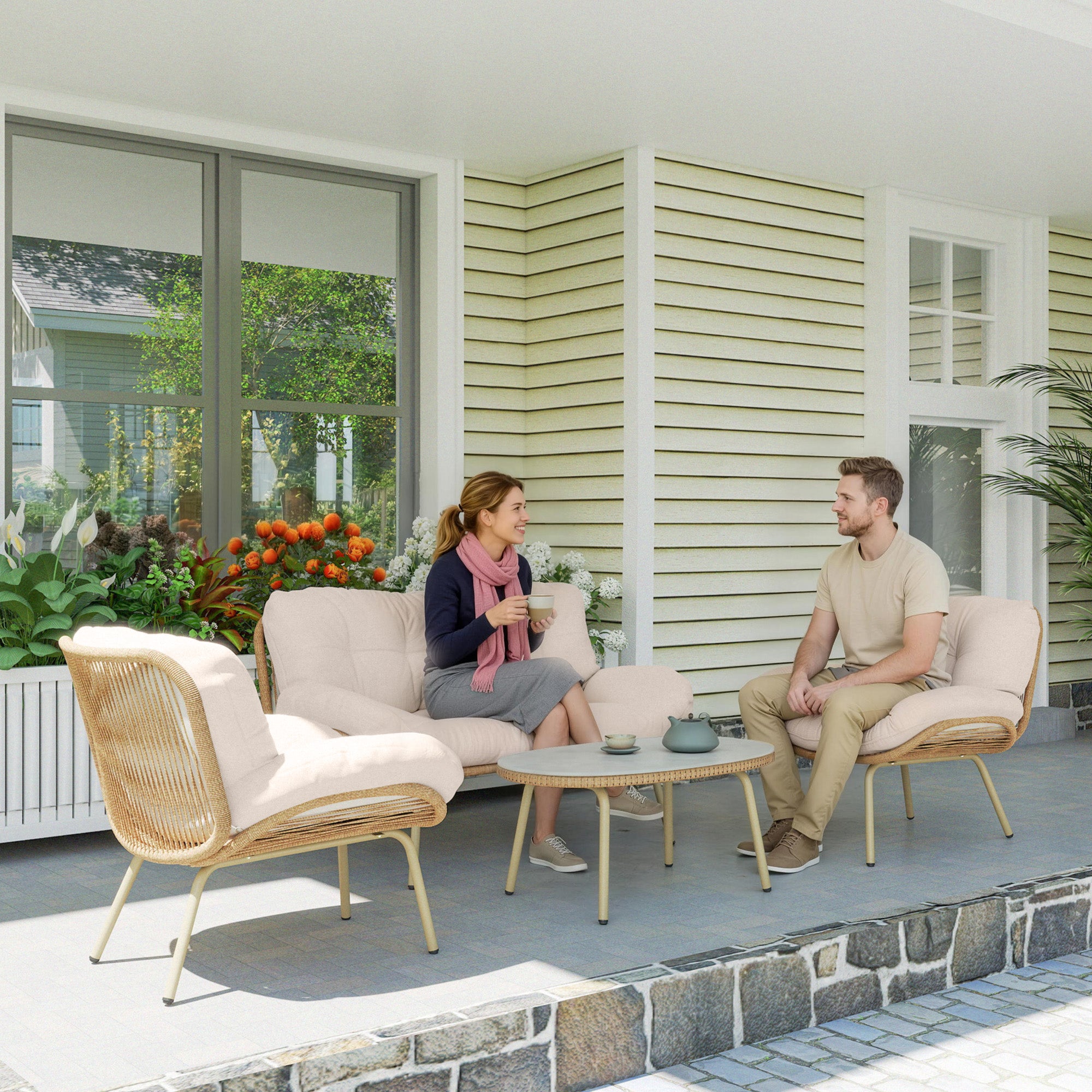 4-Piece Polyrattan Garden Furniture Set – Two-Seater Sofa, 2 Armless Chairs & Oval Table, Deep Seats with Thick Cushions, Plastic Tabletop, Balcony/Patio Seating for 4 — Beige