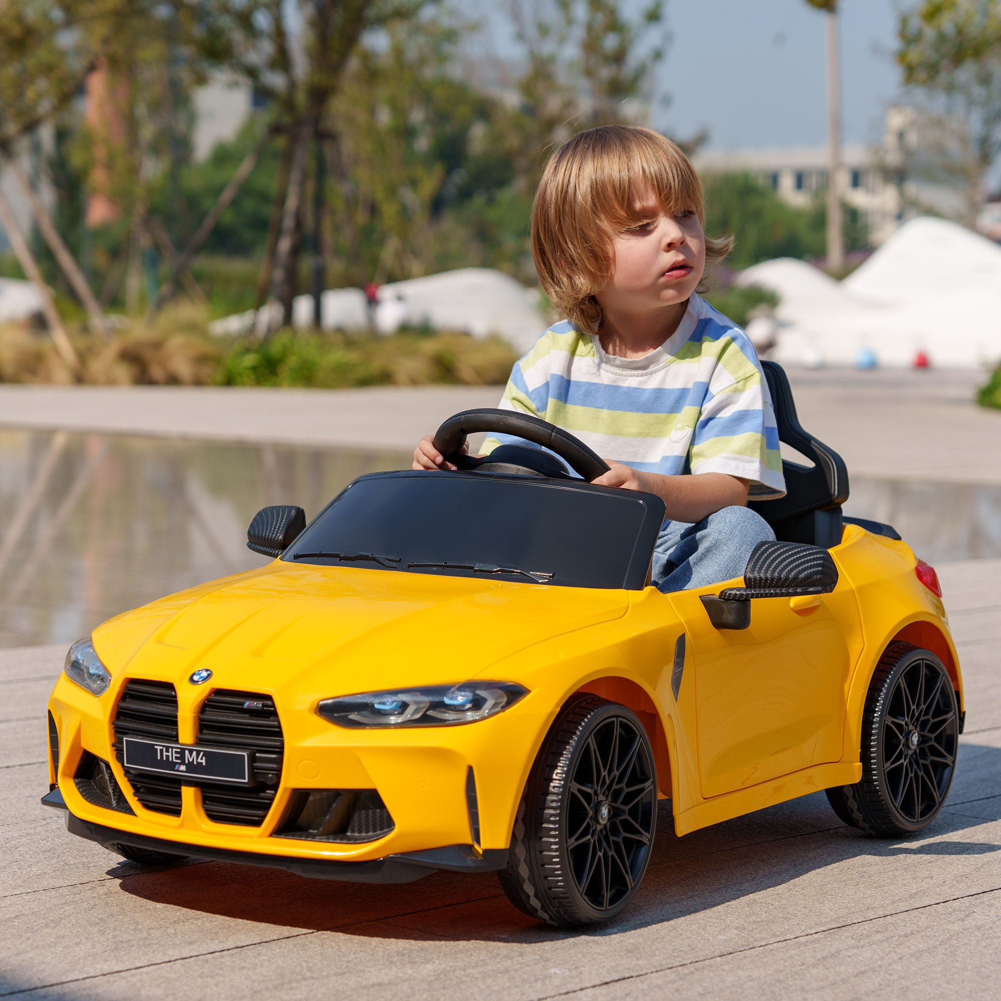 Kids Electric Car 12V Children's Vehicle with 2.4G Remote Control, Suspension, Soft Start, Electric Vehicle with MP3, USB, LED Lights, Horn, 3-5 km/h, for Children 3-5 Years, Yellow