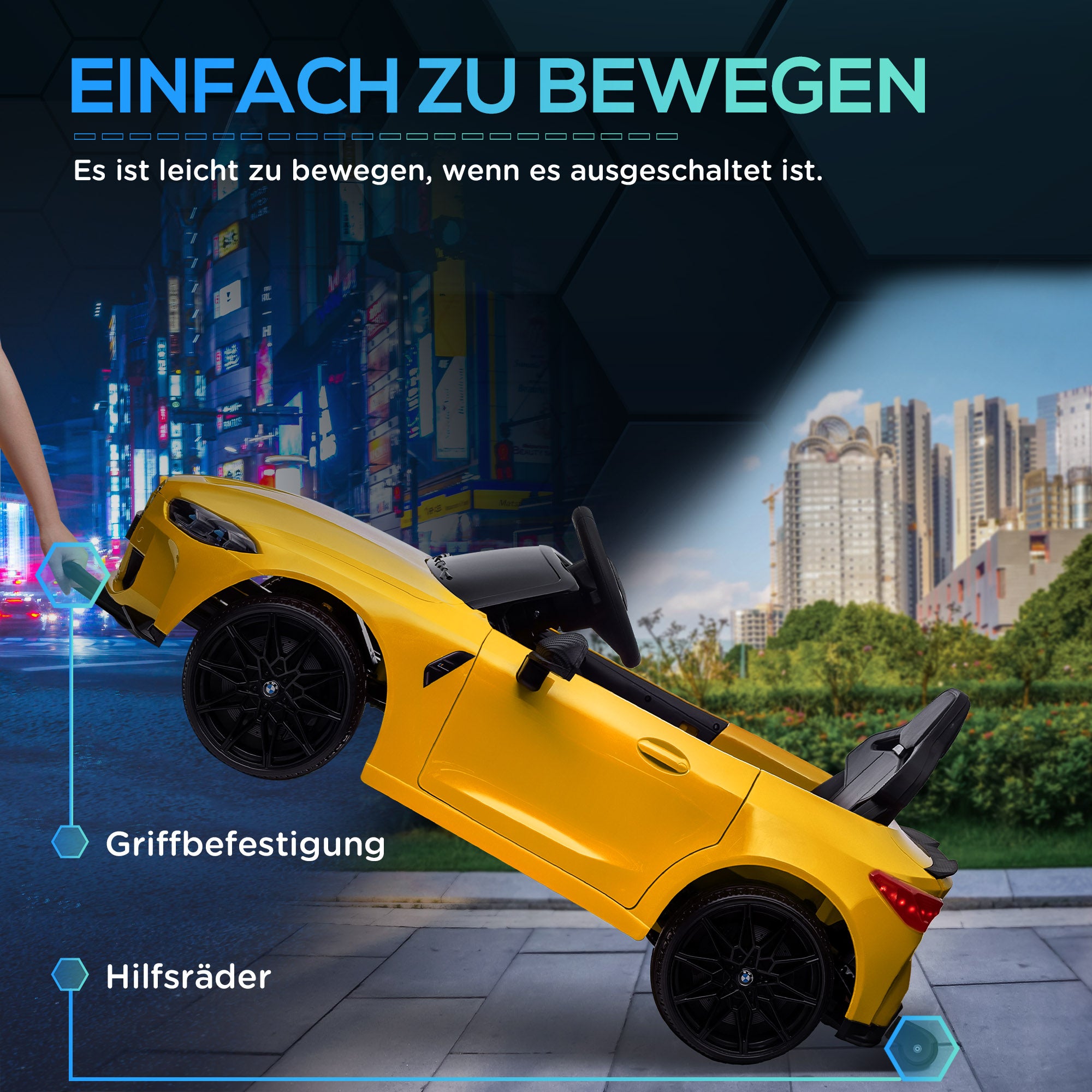 Kids Electric Car 12V Children's Vehicle with 2.4G Remote Control, Suspension, Soft Start, Electric Vehicle with MP3, USB, LED Lights, Horn, 3-5 km/h, for Children 3-5 Years, Yellow