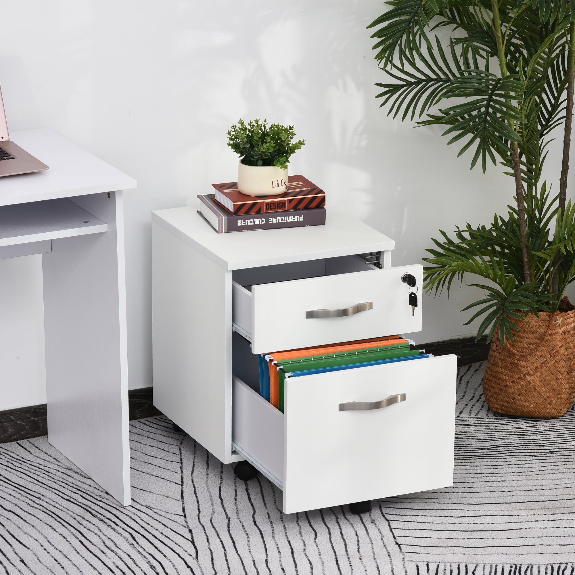 Office Drawer with Wheels Filing Cabinet with 2 Drawers Key and Hanging Rail Office Study Modern Design 40x45.5x52.5 cm White