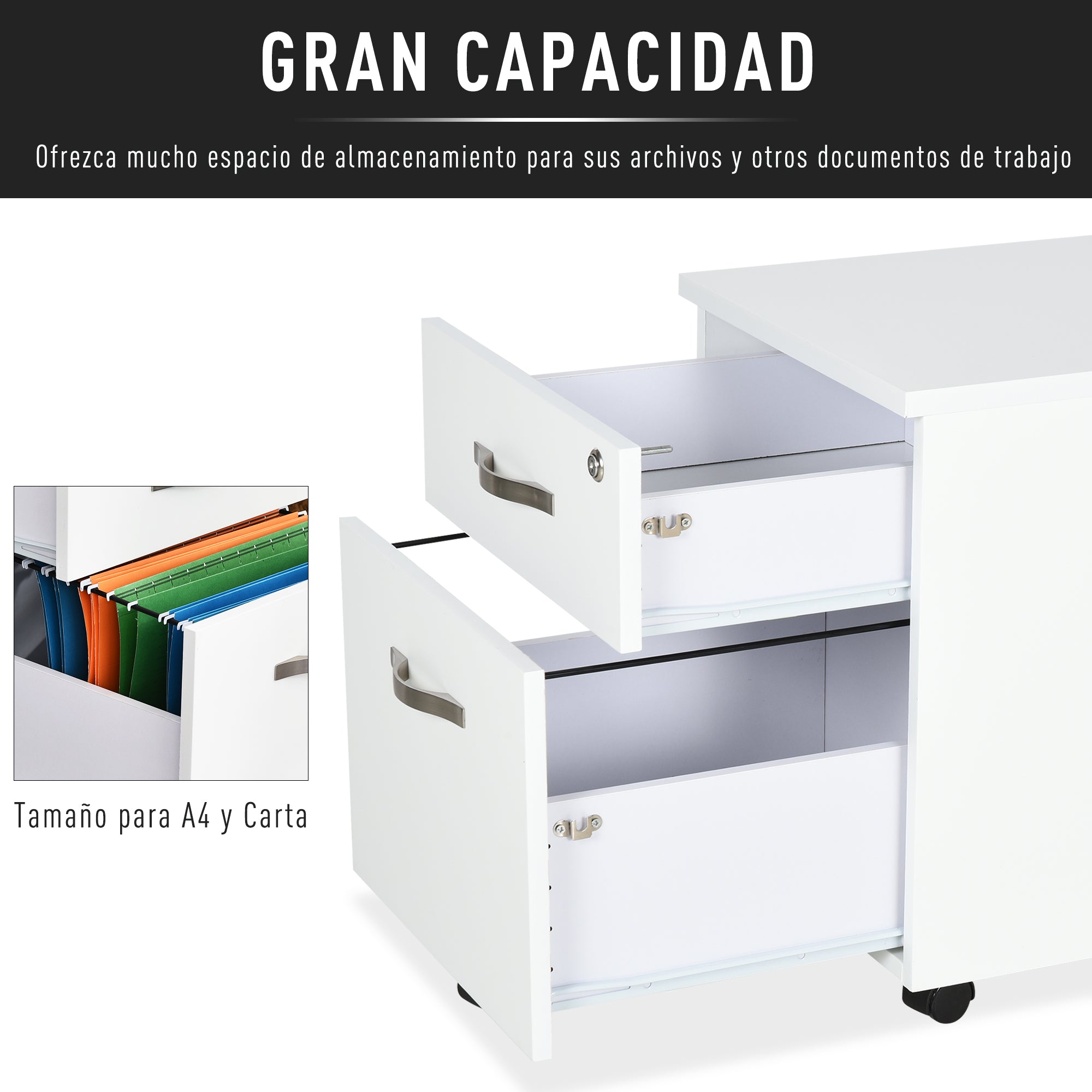 Office Drawer with Wheels Filing Cabinet with 2 Drawers Key and Hanging Rail Office Study Modern Design 40x45.5x52.5 cm White