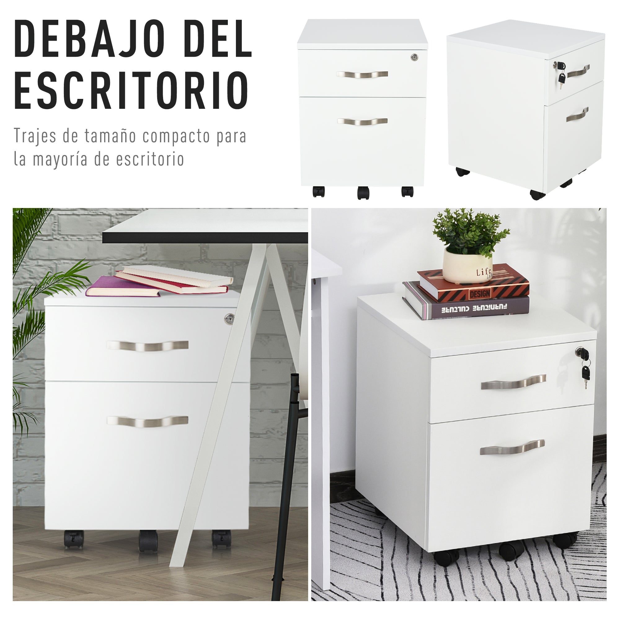 Office Drawer with Wheels Filing Cabinet with 2 Drawers Key and Hanging Rail Office Study Modern Design 40x45.5x52.5 cm White