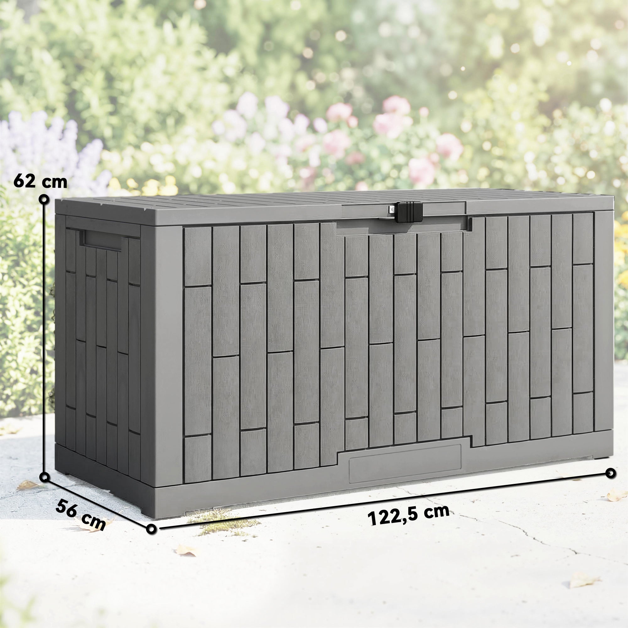 379 L Lockable Outdoor Storage Chest with Gas Strut — UV-Resistant Wood-Effect, Coffee Brown, 122.5 x 56 x 62 cm