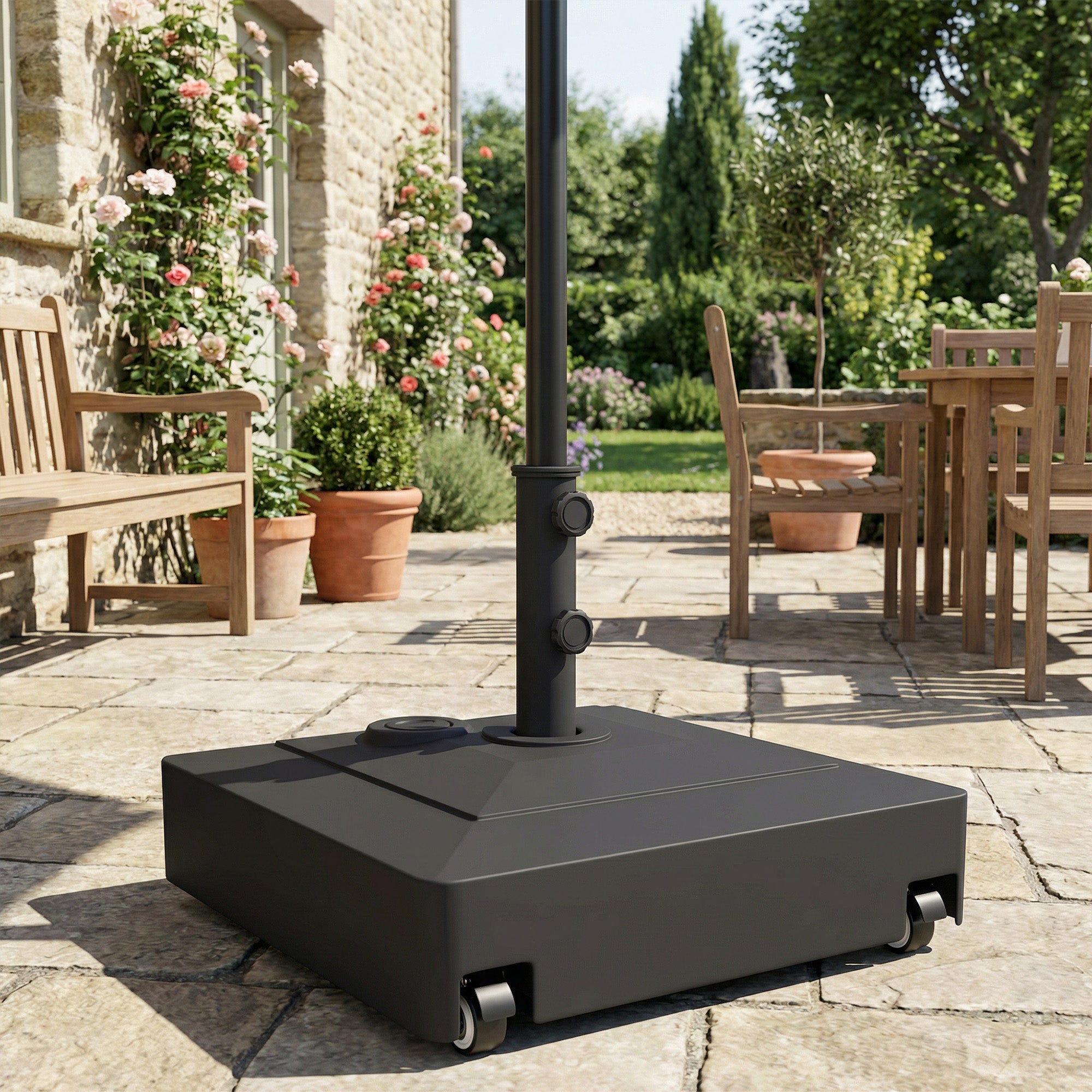 Square Umbrella Base with Wheels – HDPE Parasol Stand, Fits Ø35/38/48 mm, Fillable (61 kg sand / 40 kg water) – Black