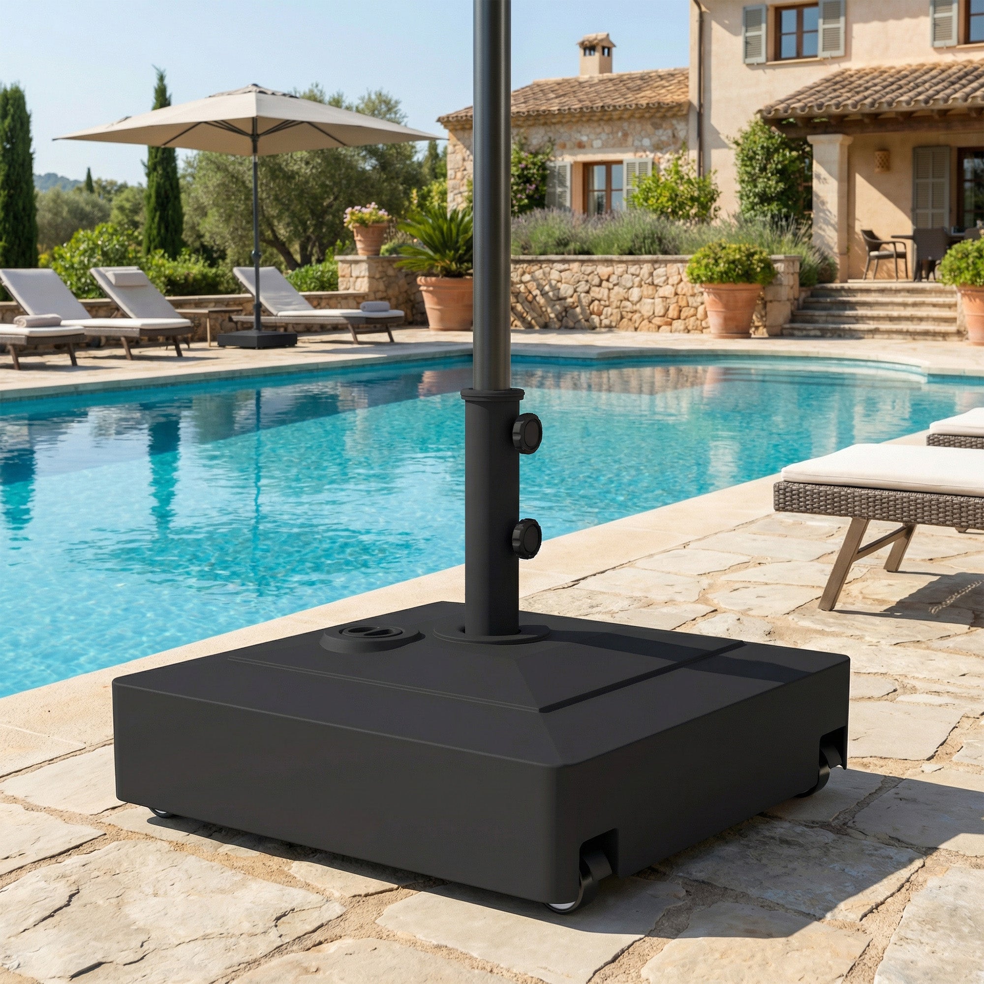 Square Umbrella Base with Wheels – HDPE Parasol Stand, Fits Ø35/38/48 mm, Fillable (61 kg sand / 40 kg water) – Black