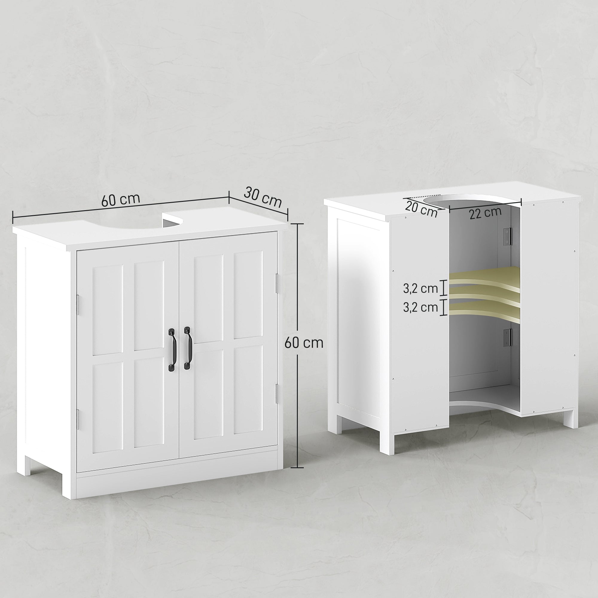 Under Sink Bathroom Cabinet with Double Door and Adjustable Shelf Load 20 kg 60x30x60 cm White