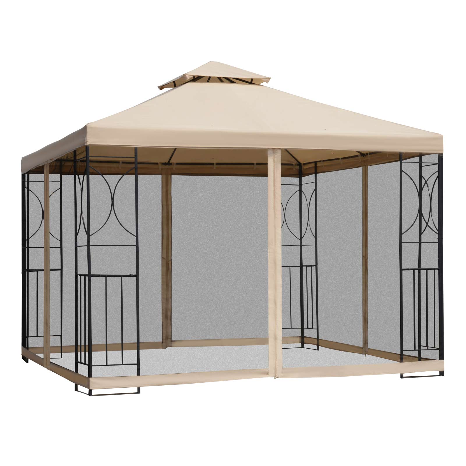 Garden Pavilion Gazebo Party Tent Weatherproof Tent with 4 Shelves Metal + Polyester Beige 2.98 x 2.98 m