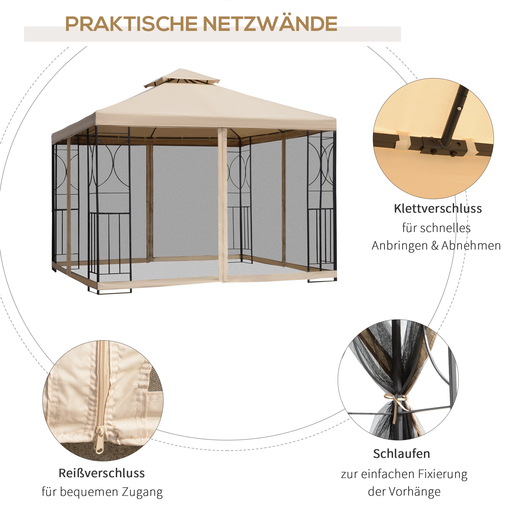 Garden Pavilion Gazebo Party Tent Weatherproof Tent with 4 Shelves Metal + Polyester Beige 2.98 x 2.98 m