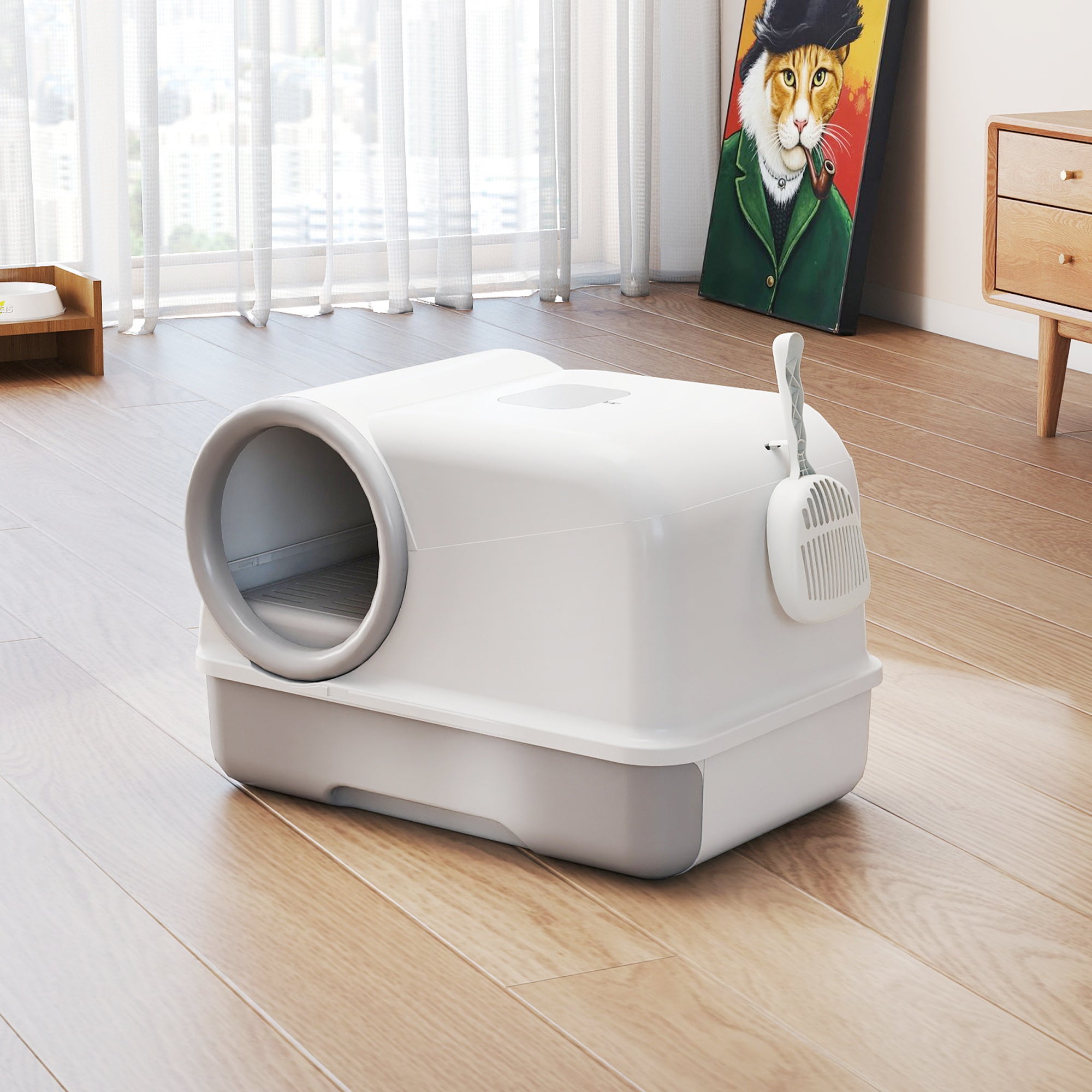 Covered Cat Litter Box with Hood & Scoop, Pull-Out Tray, 2 Activated Carbon Filters — White/Gray, for Cats up to 11 lb, 23.2 x 15.6 x 15.6 in