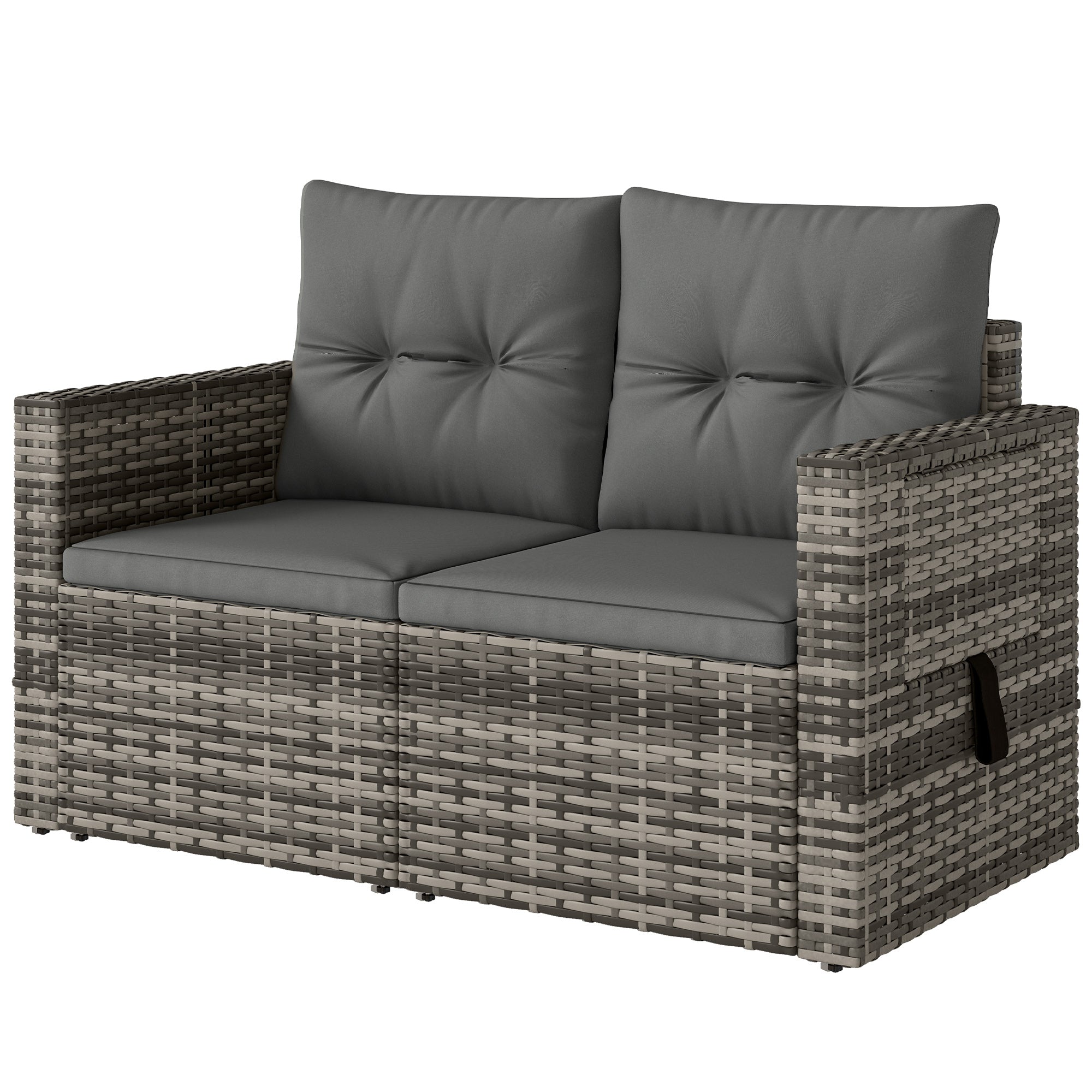 2-Seater Outdoor Rattan Sofa with Cushions — Convertible, Fold-Out Side Trays, Weather-Resistant, Light Grey Synthetic Rattan