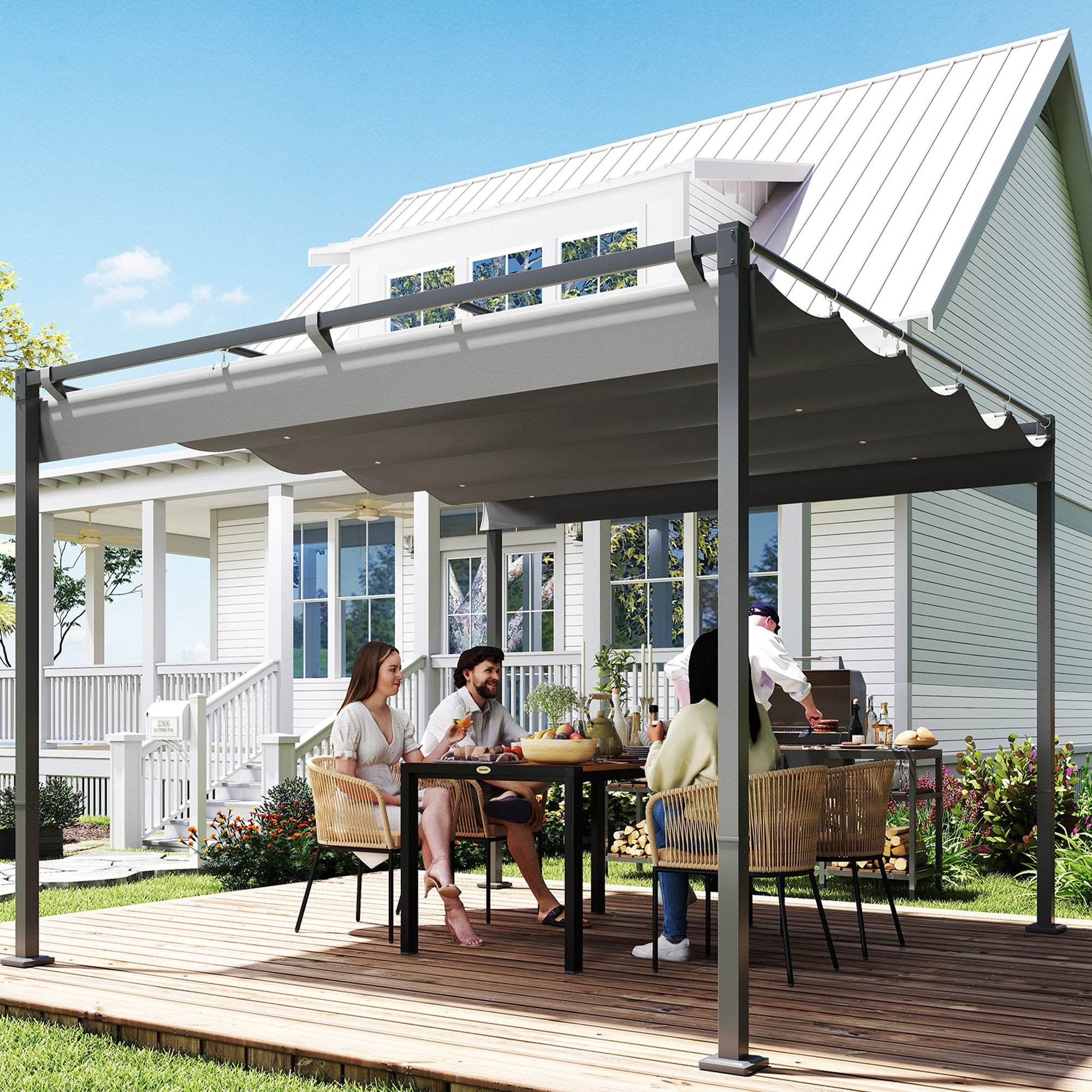 Retractable Sliding Pergola 3 x 3 m — 180 g/m² UV-Resistant Polyester Canopy, Magnetic Fastening, Powder-Coated Steel Frame, Gray
