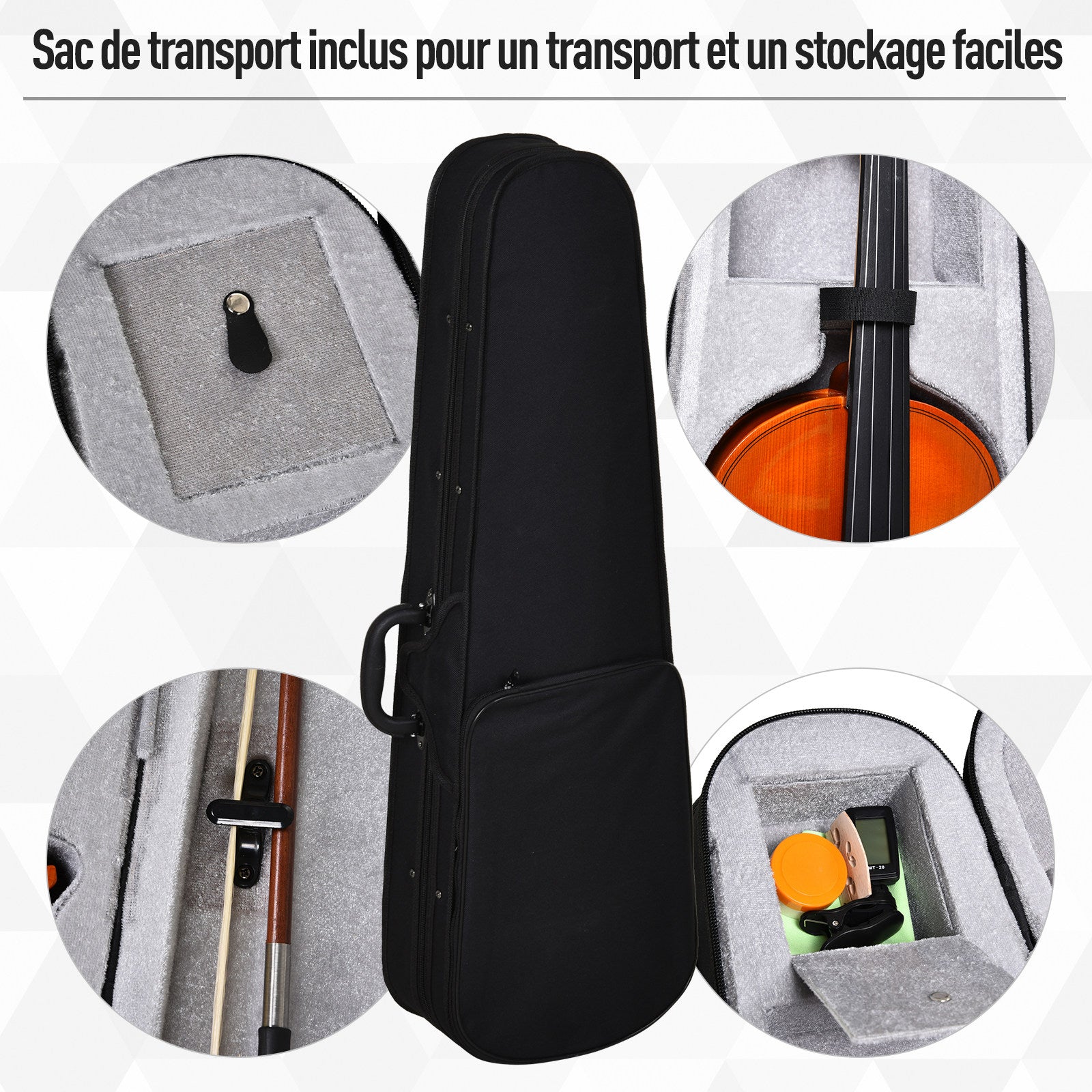 Full-size 4/4 Violin with Case, Tuner, Shoulder Rest, Bow, Rosin, Spare Strings, and Cloth Spruce Plywood and Maple