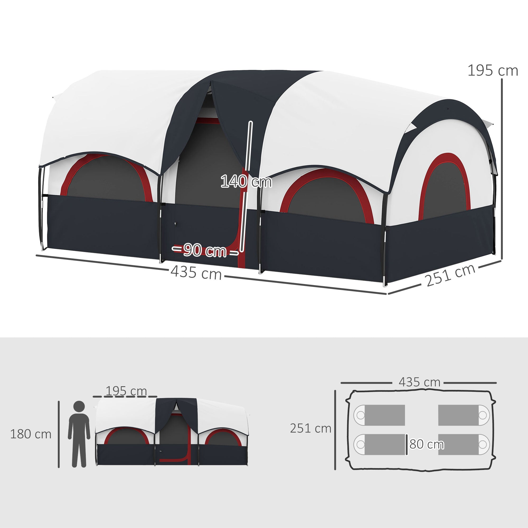 Family Tunnel Camping Tent for 4-6 People Waterproof 3000 mm Foldable Camping Tent with 2 Bedrooms Hiking Bag 171.26x98.82x76.77 inches Dark Gray and White