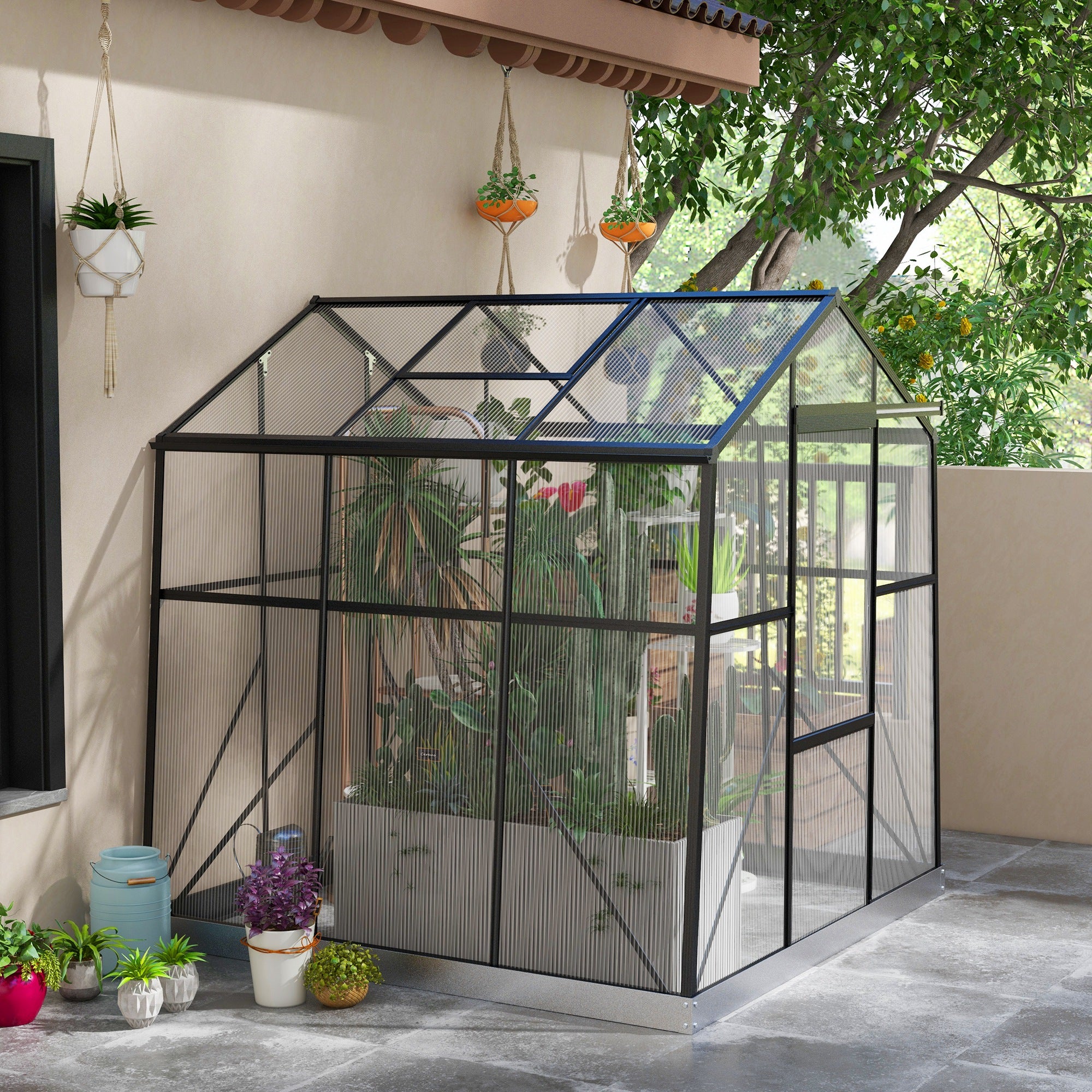 Greenhouse Aluminum 192 x 192 x 204 cm Greenhouse 3.68 m² Tomato House with Window, Sliding Door, Foundation, Plant House for Garden, Balcony, Black