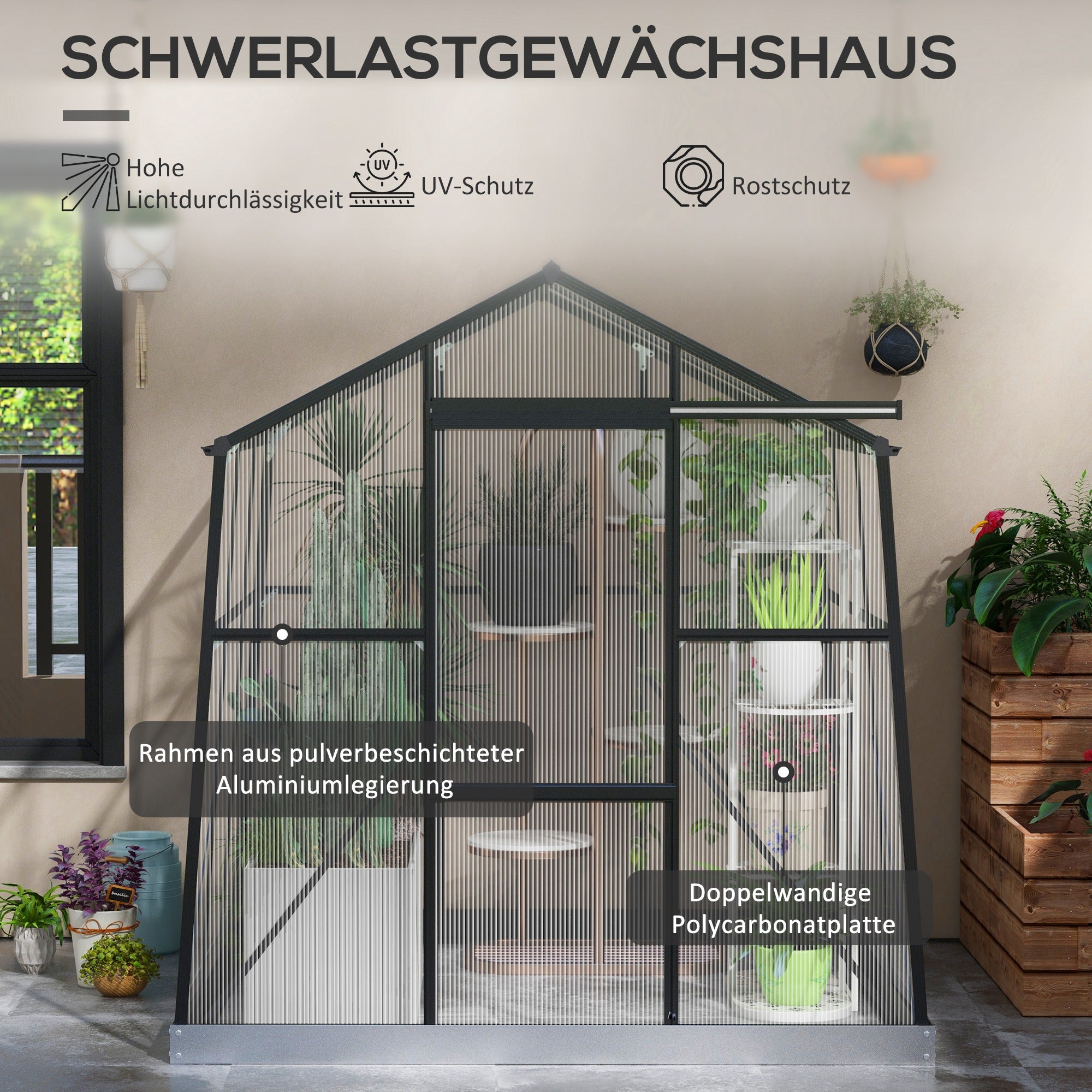 Greenhouse Aluminum 192 x 192 x 204 cm Greenhouse 3.68 m² Tomato House with Window, Sliding Door, Foundation, Plant House for Garden, Balcony, Black