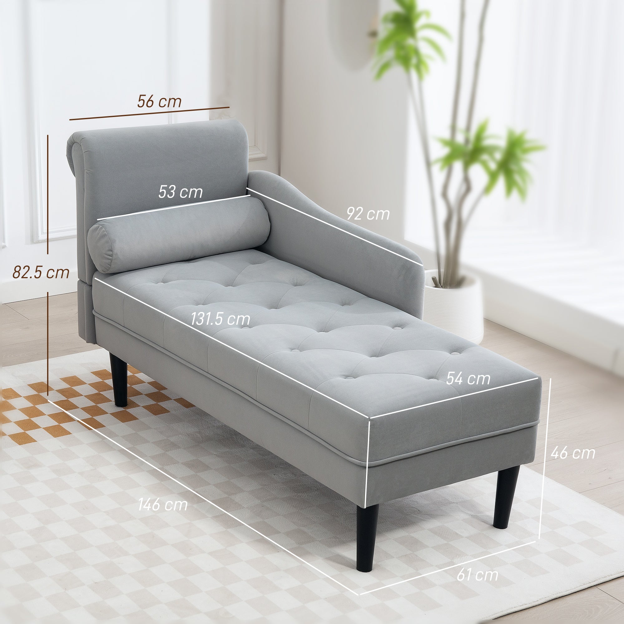 Quilted Chaise Longue with Left Armrest and Cushion in Velvet, Upholstered Sofa, Chaise Longue Armchair with Solid Wood Legs for Living Room, Office, and Lounge, Gray