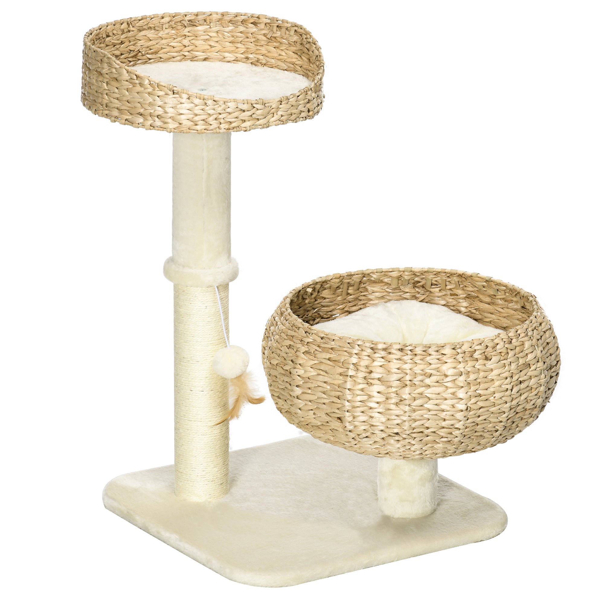 Cat Scratching Tree 2-Level Height 72 cm Sisal Post with Hideaway and Platform 1 Suspended Ball Beige