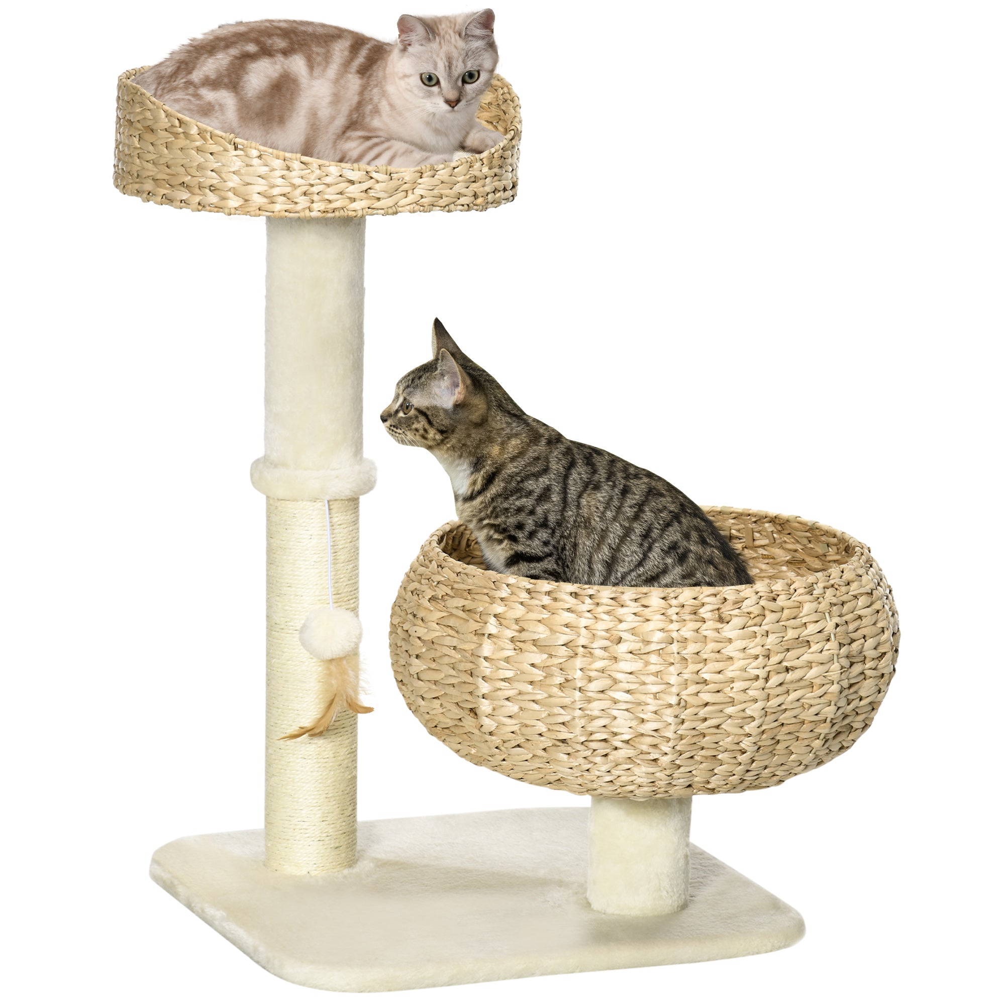 Cat Scratching Tree 2-Level Height 72 cm Sisal Post with Hideaway and Platform 1 Suspended Ball Beige